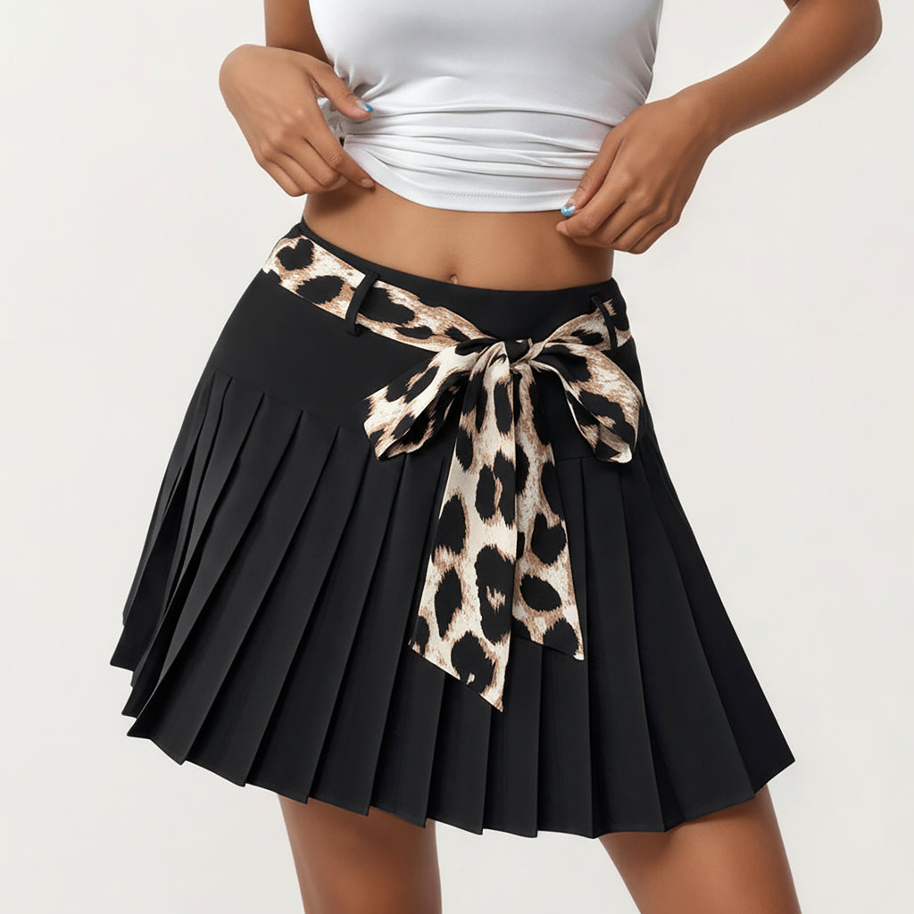 Anna-Kaci Women¡¯s Pleated Skirt with Leopard Print Waist Tie, Smooth Structured Panels and Soft Flexible Fabric for a Flattering Flowing Shape