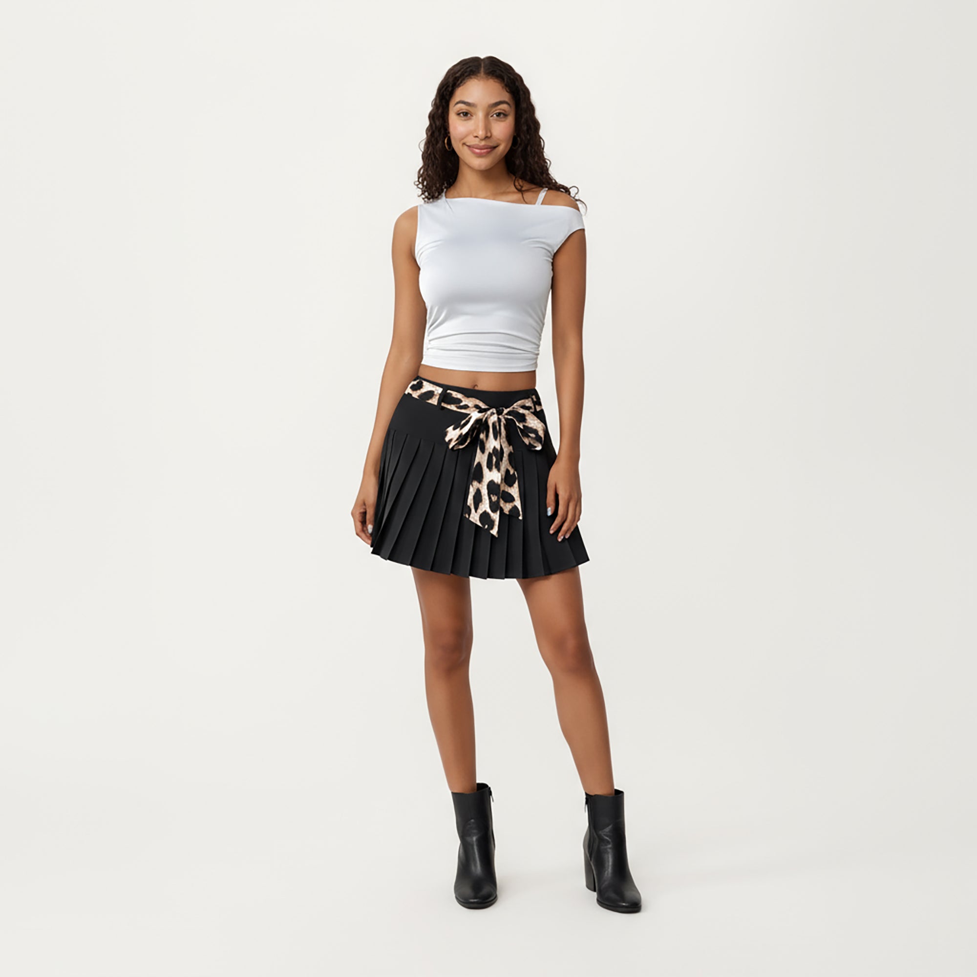 Anna-Kaci Women¡¯s Pleated Skirt with Leopard Print Waist Tie, Smooth Structured Panels and Soft Flexible Fabric for a Flattering Flowing Shape