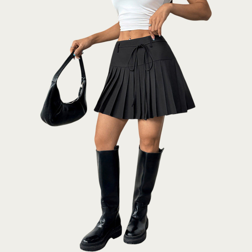 Anna-Kaci Women¡¯s Pleated Mini Skirt with Structured Waistband Adjustable Tie Detail and Crisp Folded Panels for a Clean Flared Silhouette