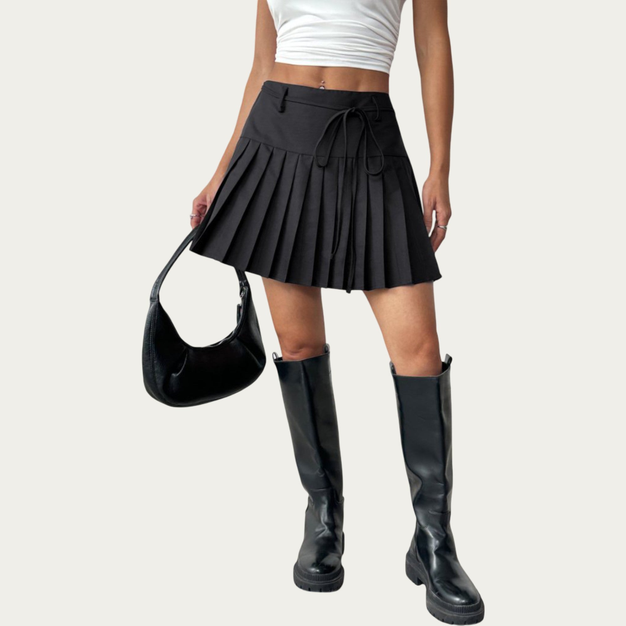 Anna-Kaci Women¡¯s Pleated Mini Skirt with Structured Waistband Adjustable Tie Detail and Crisp Folded Panels for a Clean Flared Silhouette