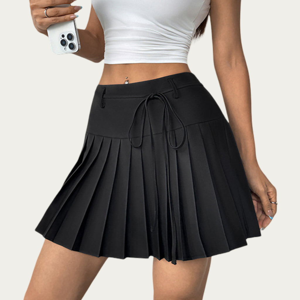 Anna-Kaci Women¡¯s Pleated Mini Skirt with Structured Waistband Adjustable Tie Detail and Crisp Folded Panels for a Clean Flared Silhouette