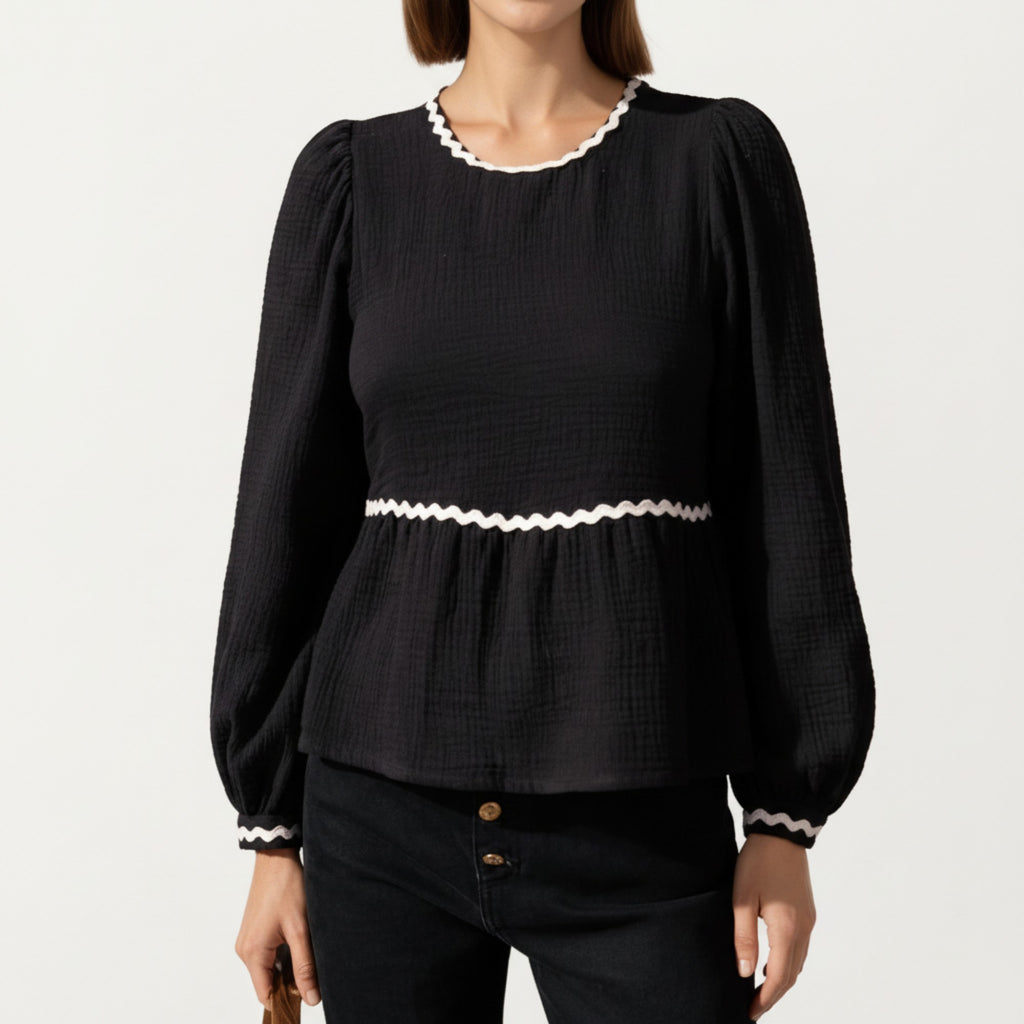 Anna-Kaci Women's Long Sleeve Textured Peplum Top with Contrast Trim Accents and Statement Bow Detail