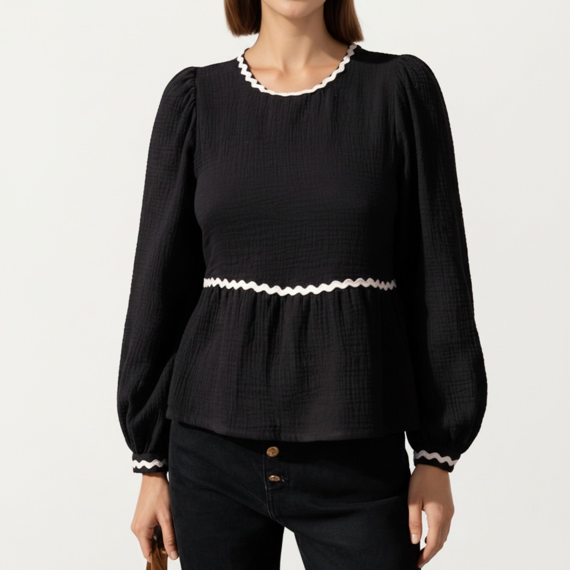 Anna-Kaci Women's Long Sleeve Textured Peplum Top with Contrast Trim Accents and Statement Bow Detail