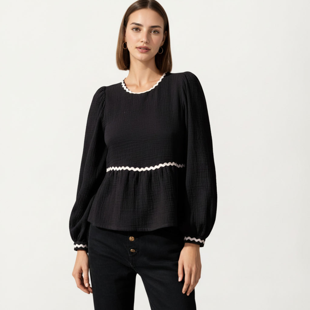 Anna-Kaci Women's Long Sleeve Textured Peplum Top with Contrast Trim Accents and Statement Bow Detail