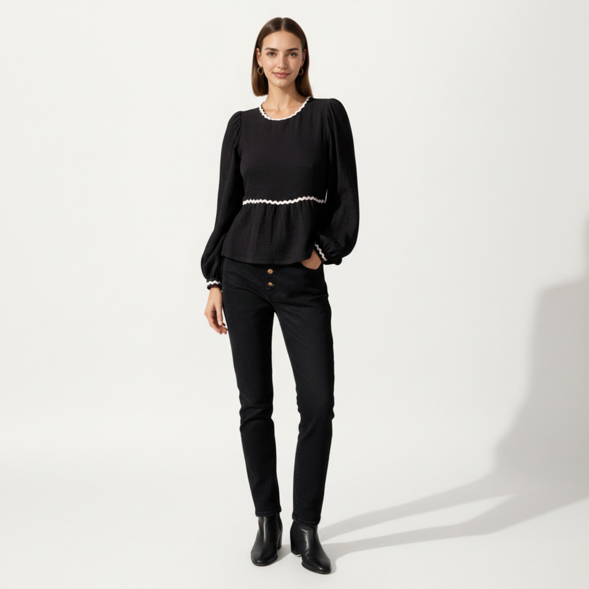 Anna-Kaci Women's Long Sleeve Textured Peplum Top with Contrast Trim Accents and Statement Bow Detail