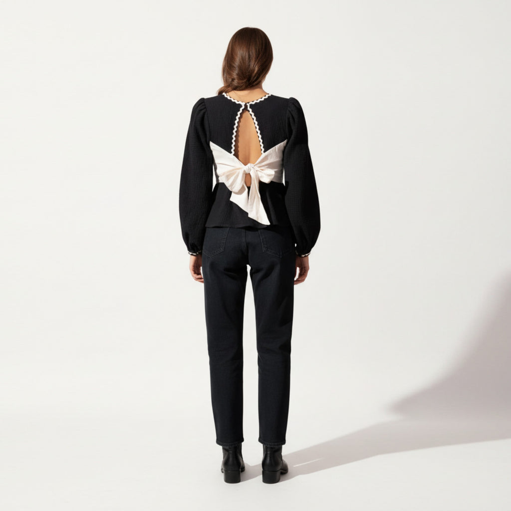 Anna-Kaci Women's Long Sleeve Textured Peplum Top with Contrast Trim Accents and Statement Bow Detail