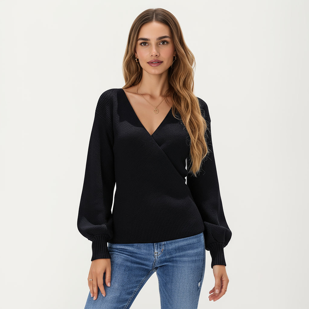 Anna-Kaci Women¡¯s Ribbed Knit Wrap Front Top with Soft Textured Fabric, Long Sleeves and a Flattering V-Neckline for a Smooth Streamlined Look