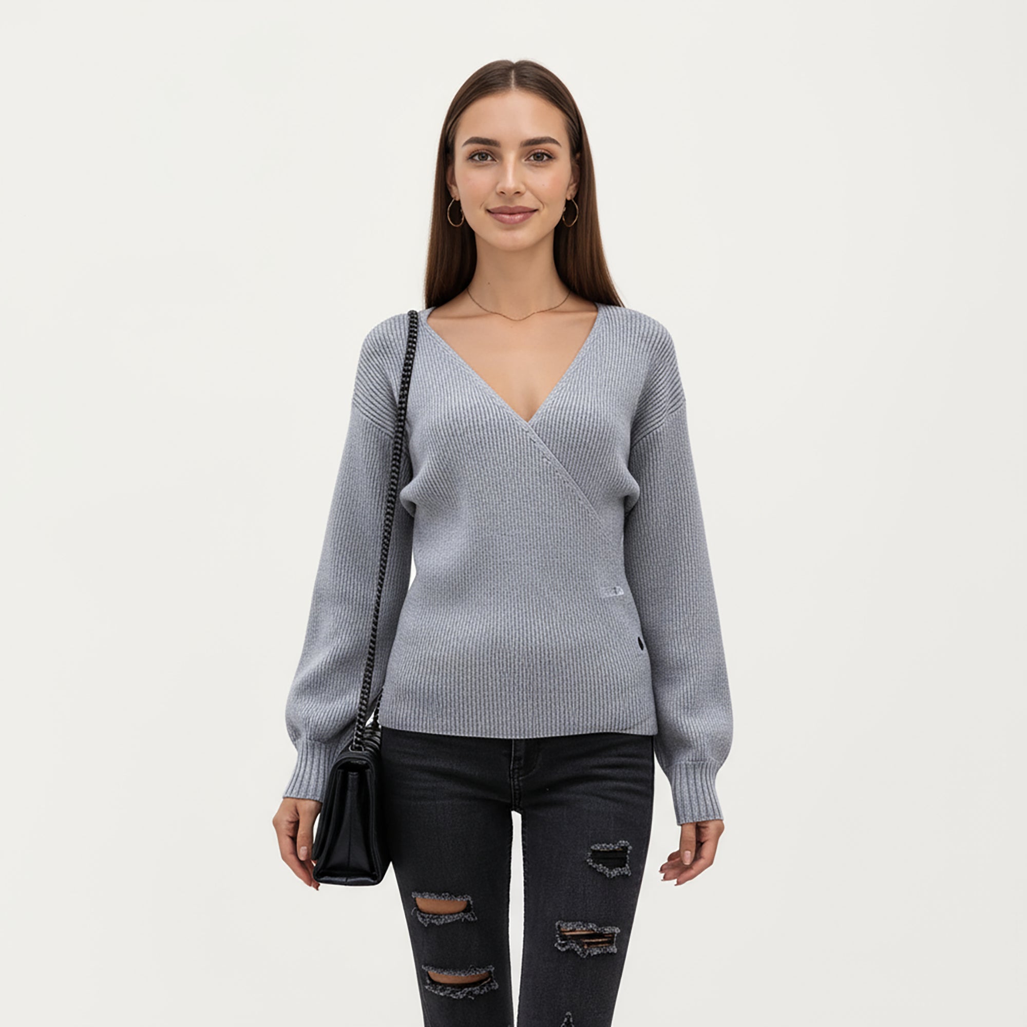 Anna-Kaci Women¡¯s Ribbed Knit Wrap Front Top with Soft Textured Fabric, Long Sleeves and a Flattering V-Neckline for a Smooth Streamlined Look