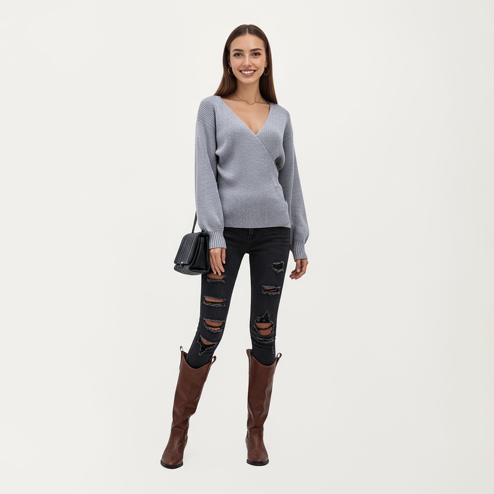 Anna-Kaci Women¡¯s Ribbed Knit Wrap Front Top with Soft Textured Fabric, Long Sleeves and a Flattering V-Neckline for a Smooth Streamlined Look