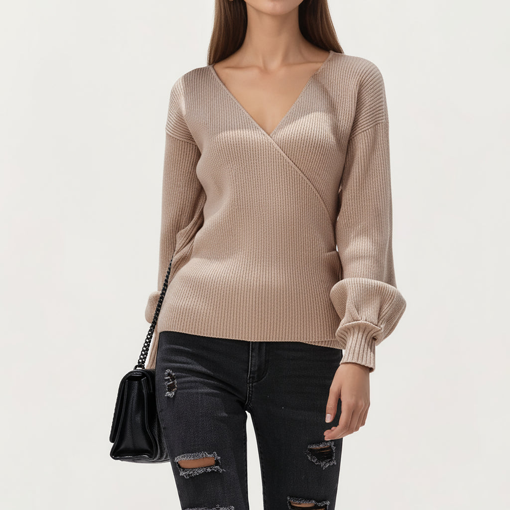 Anna-Kaci Women¡¯s Ribbed Knit Wrap Front Top with Soft Textured Fabric, Long Sleeves and a Flattering V-Neckline for a Smooth Streamlined Look