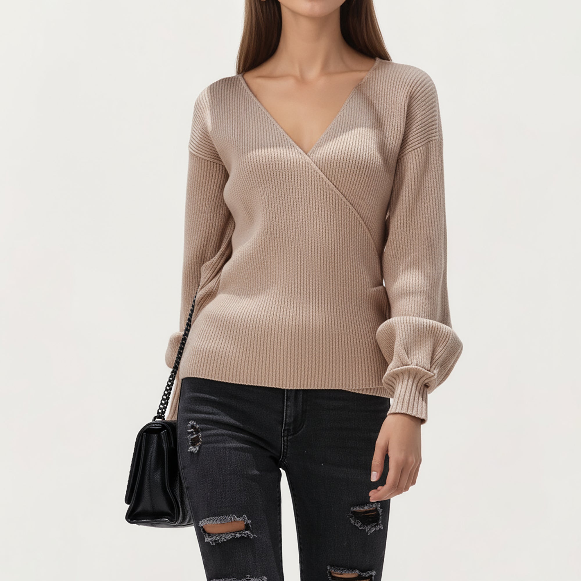 Anna-Kaci Women¡¯s Ribbed Knit Wrap Front Top with Soft Textured Fabric, Long Sleeves and a Flattering V-Neckline for a Smooth Streamlined Look