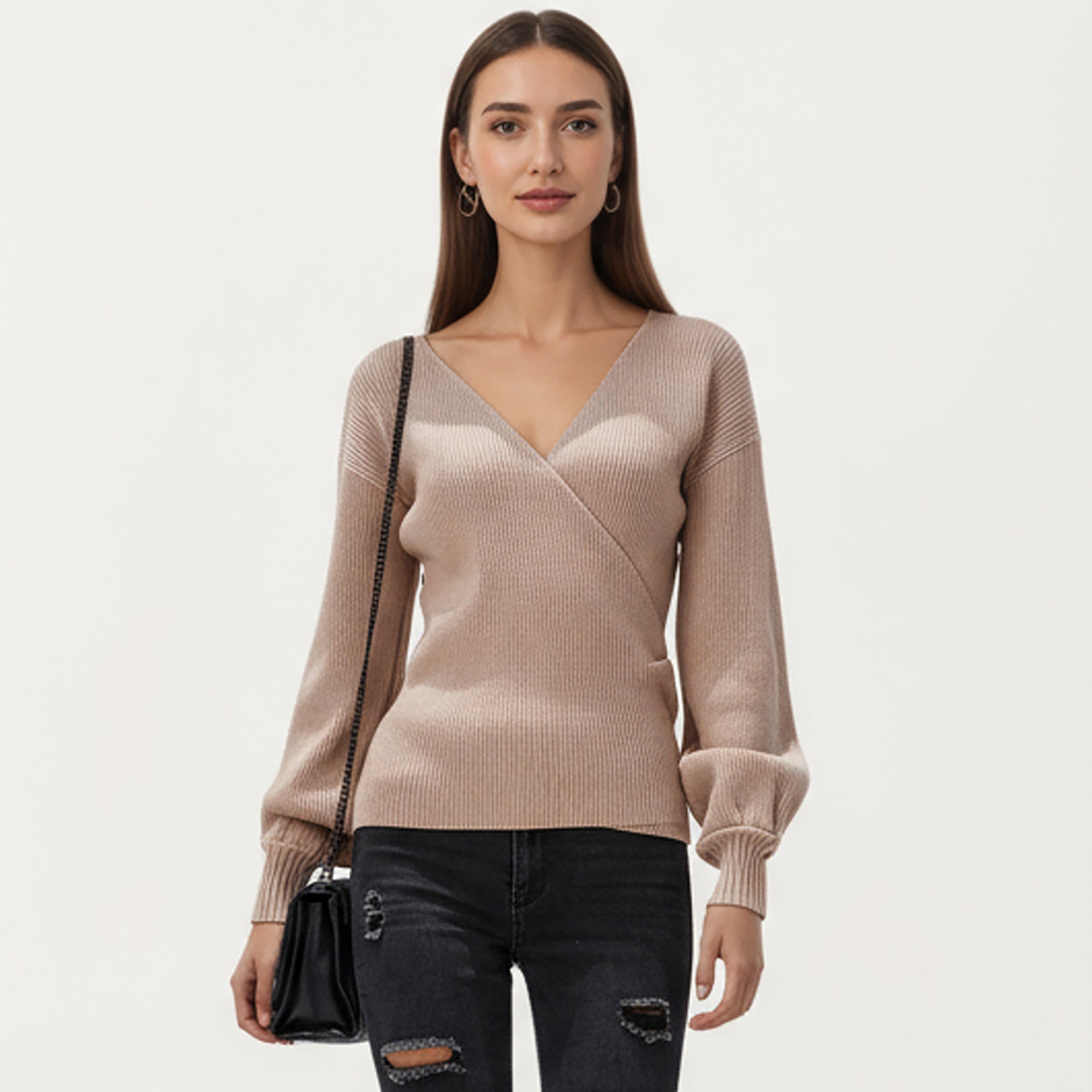 Anna-Kaci Women¡¯s Ribbed Knit Wrap Front Top with Soft Textured Fabric, Long Sleeves and a Flattering V-Neckline for a Smooth Streamlined Look