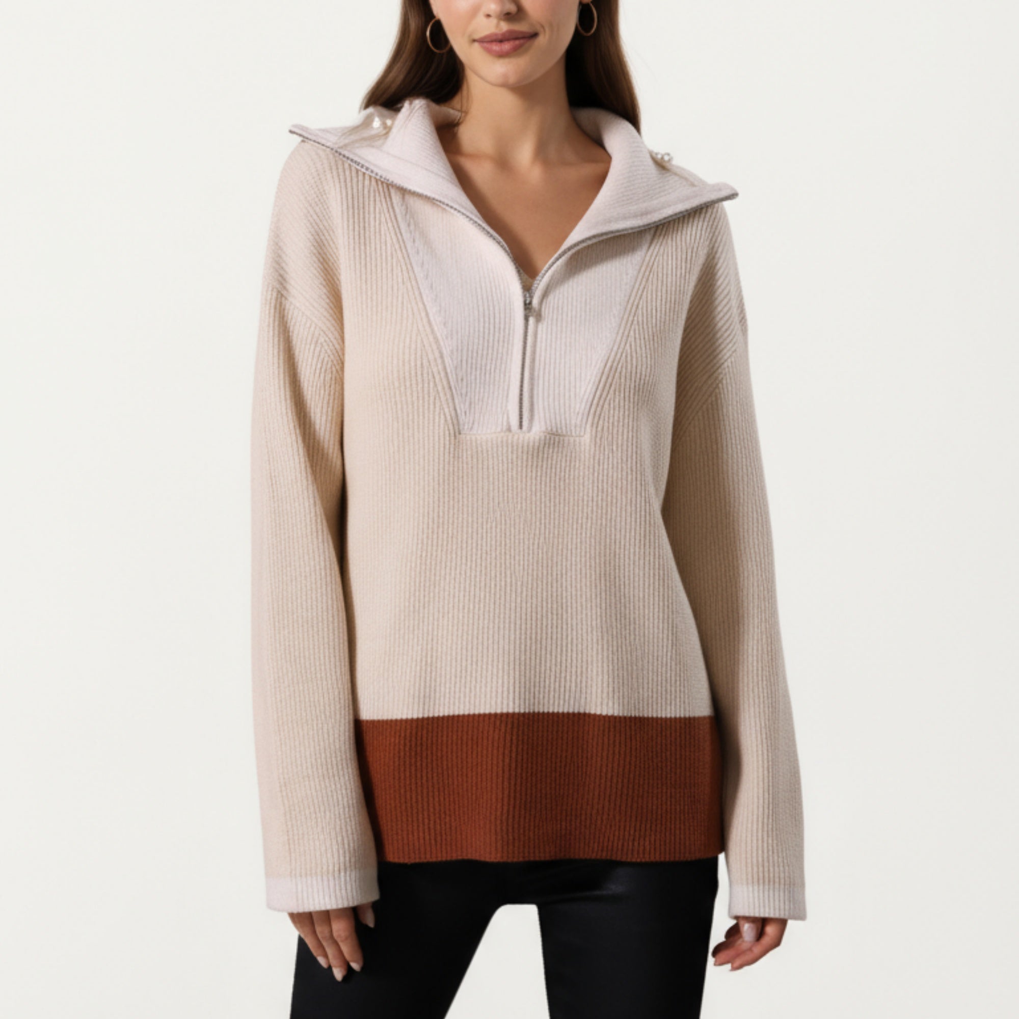 Anna-Kaci Women¡¯s Ribbed Knit Half Zip Top with Soft Textured Fabric, Wide Foldover Collar and Long Sleeves for a Smooth Relaxed Silhouette