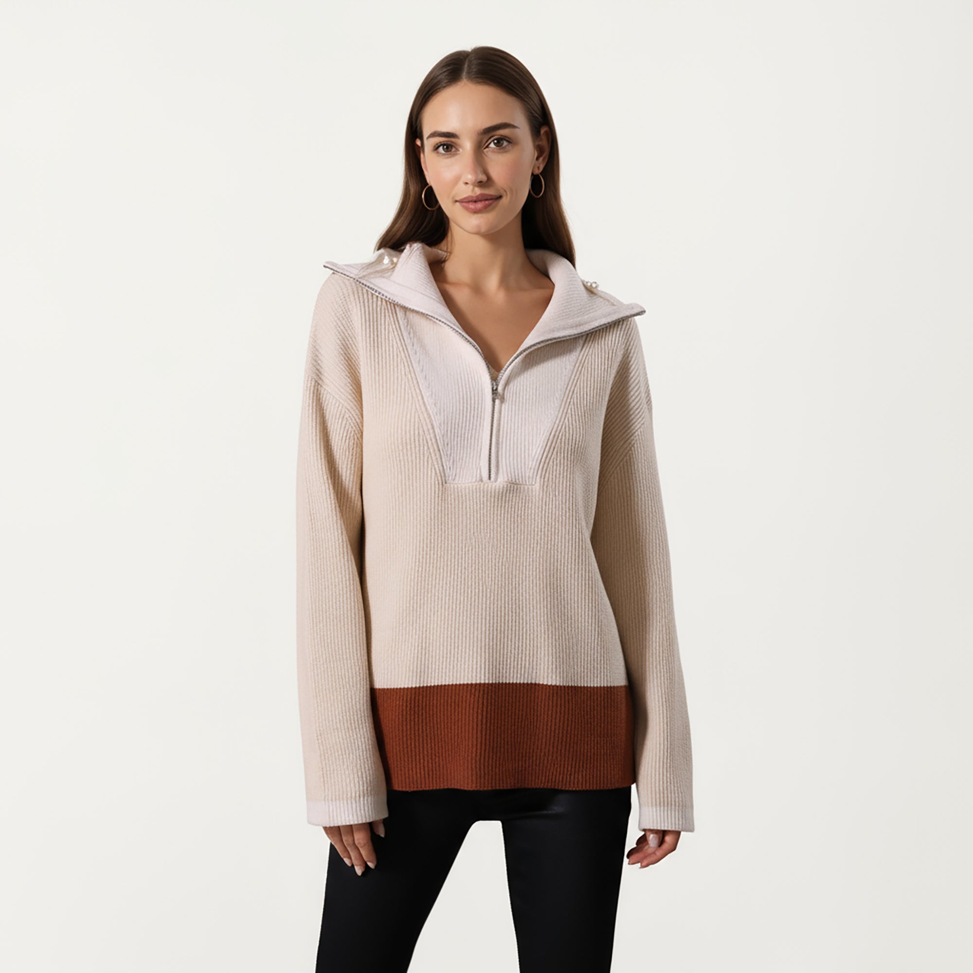 Anna-Kaci Women¡¯s Ribbed Knit Half Zip Top with Soft Textured Fabric, Wide Foldover Collar and Long Sleeves for a Smooth Relaxed Silhouette