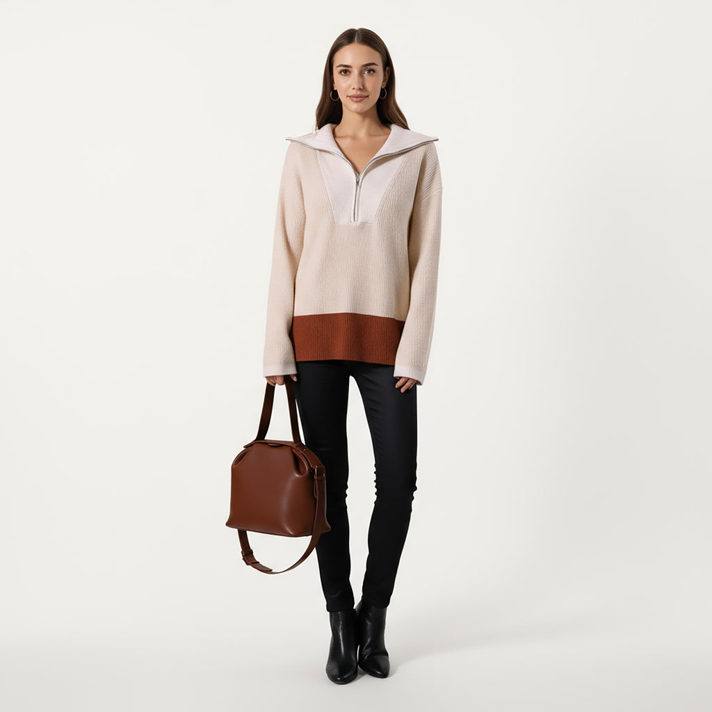 Anna-Kaci Women¡¯s Ribbed Knit Half Zip Top with Soft Textured Fabric, Wide Foldover Collar and Long Sleeves for a Smooth Relaxed Silhouette