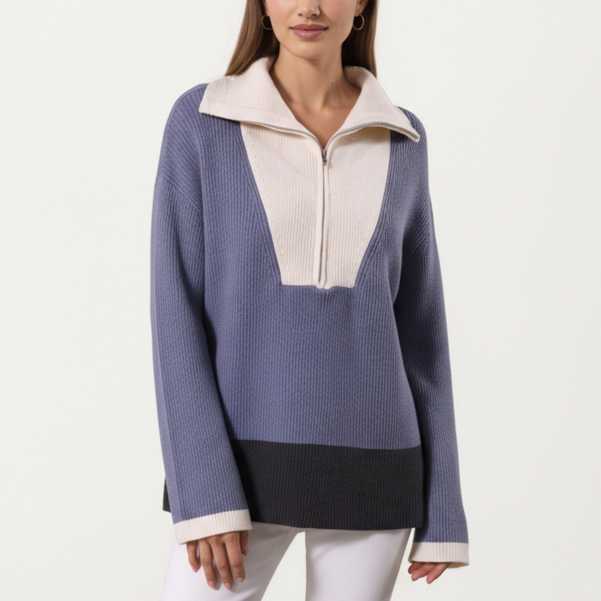 Anna-Kaci Women¡¯s Ribbed Knit Half Zip Top with Soft Textured Fabric, Wide Foldover Collar and Long Sleeves for a Smooth Relaxed Silhouette
