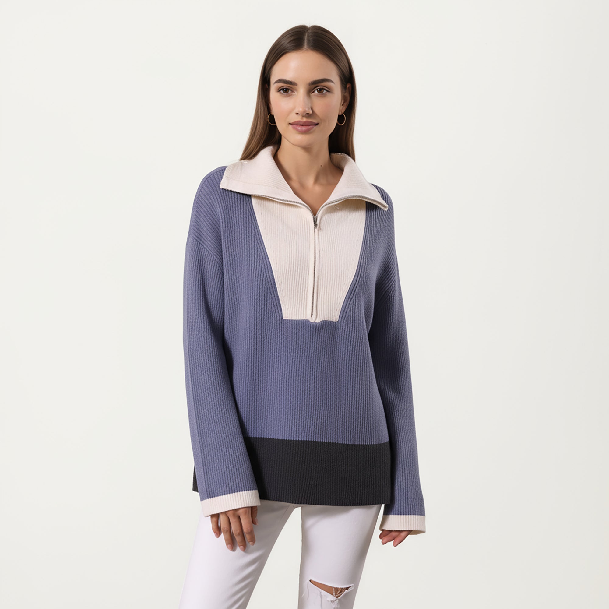 Anna-Kaci Women¡¯s Ribbed Knit Half Zip Top with Soft Textured Fabric, Wide Foldover Collar and Long Sleeves for a Smooth Relaxed Silhouette