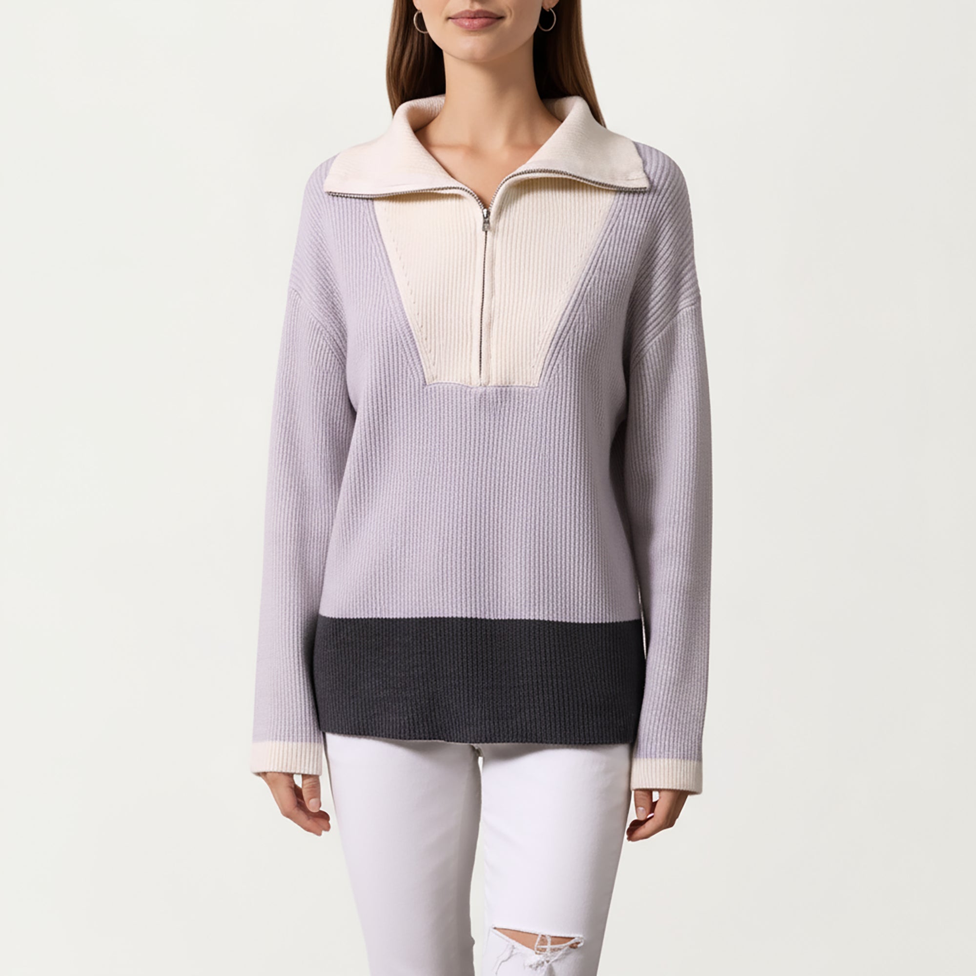 Anna-Kaci Women¡¯s Ribbed Knit Half Zip Top with Soft Textured Fabric, Wide Foldover Collar and Long Sleeves for a Smooth Relaxed Silhouette