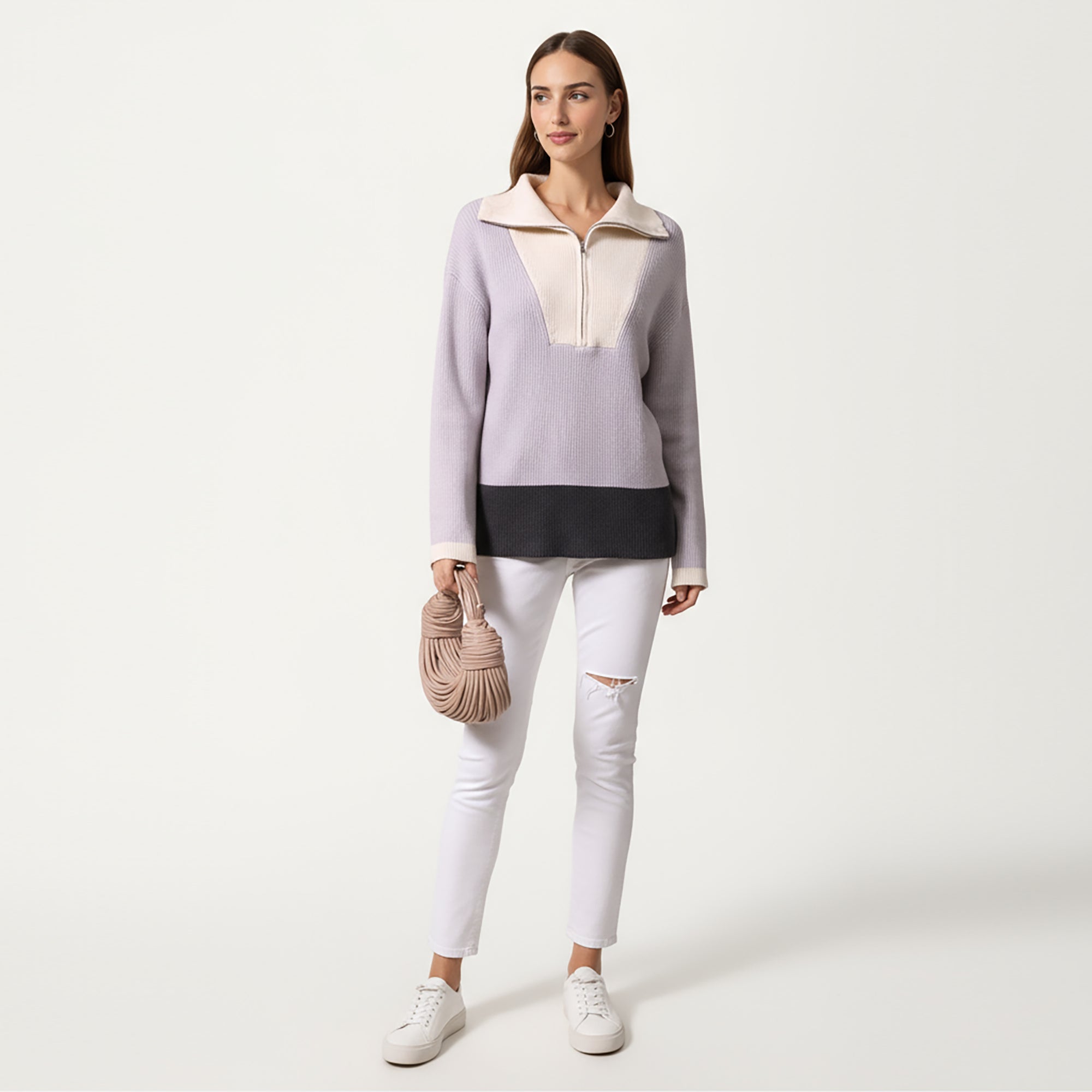 Anna-Kaci Women¡¯s Ribbed Knit Half Zip Top with Soft Textured Fabric, Wide Foldover Collar and Long Sleeves for a Smooth Relaxed Silhouette