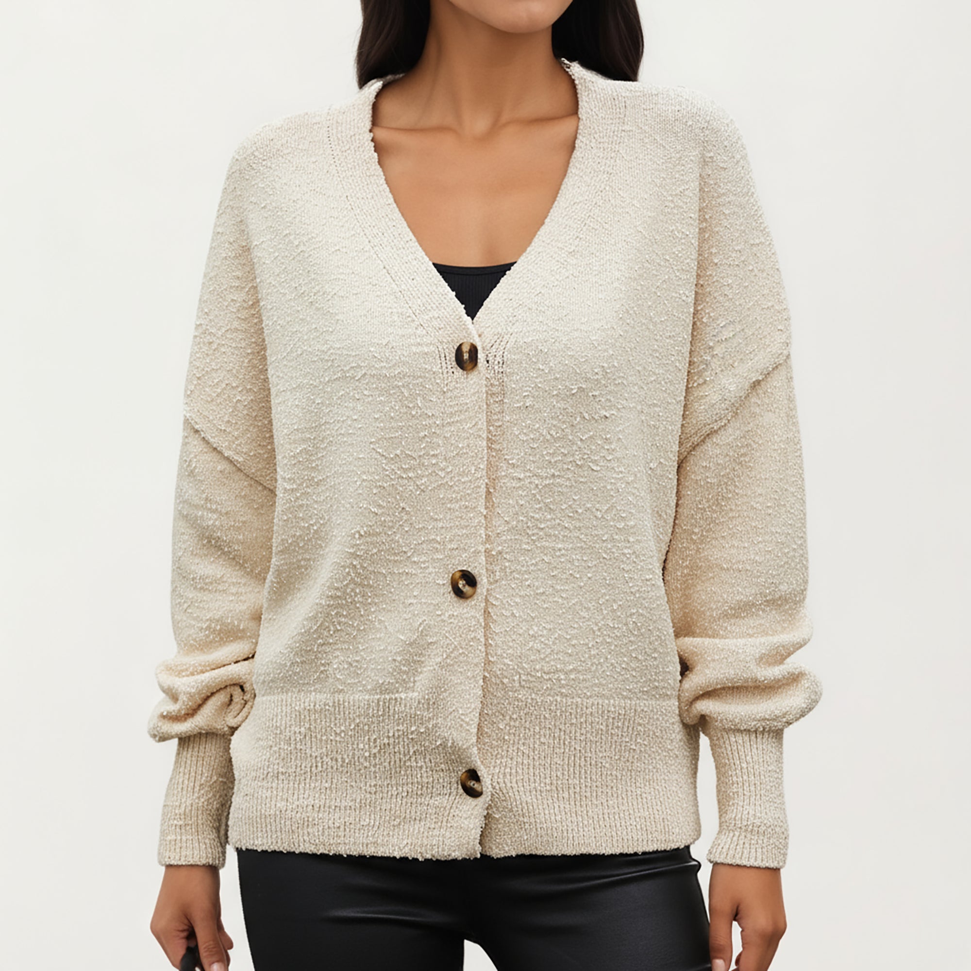 Anna-Kaci Women¡¯s Textured Knit Button Front Top with Soft Cozy Fabric, Relaxed Drop Shoulder Silhouette and Ribbed Edges for Added Structure