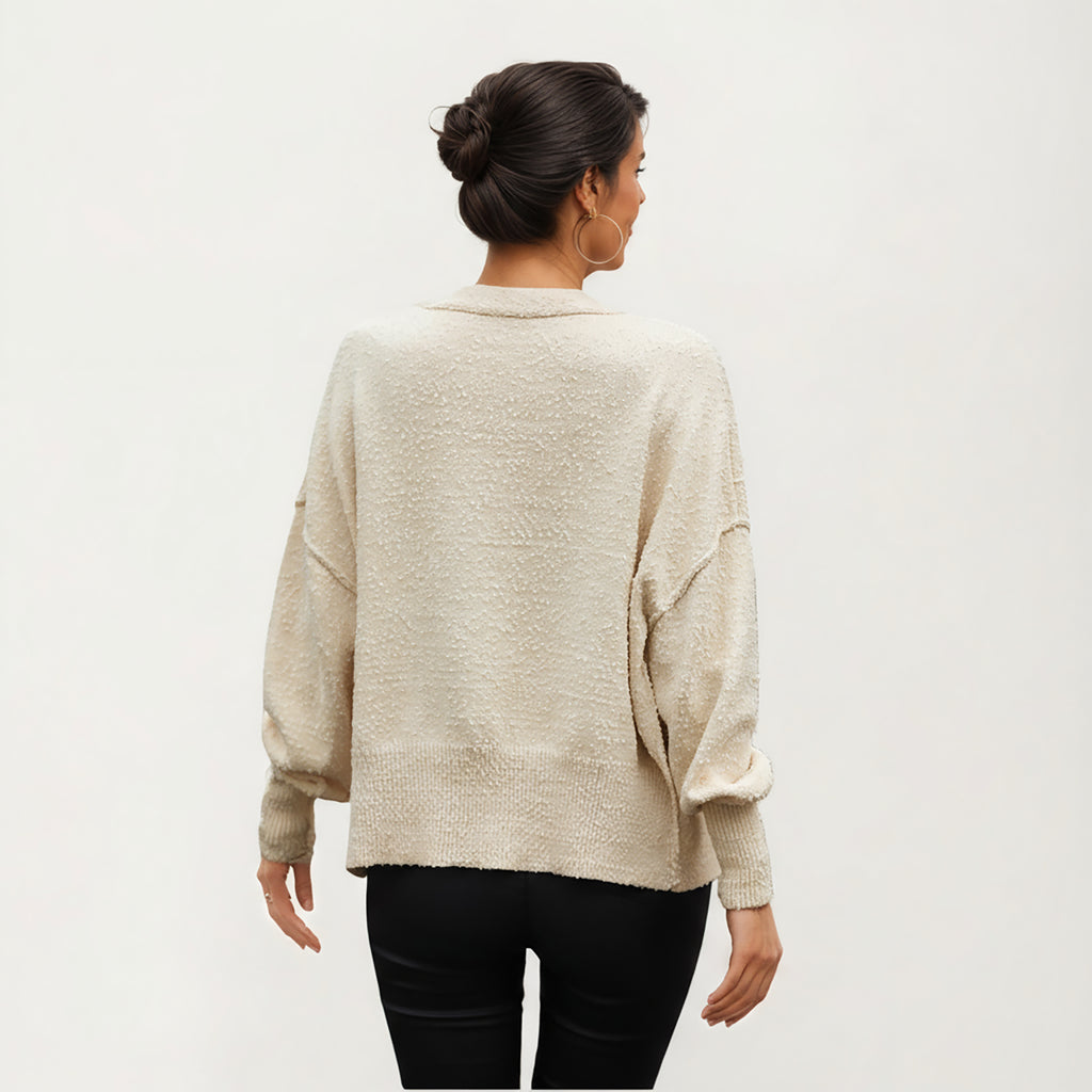 Anna-Kaci Women¡¯s Textured Knit Button Front Top with Soft Cozy Fabric, Relaxed Drop Shoulder Silhouette and Ribbed Edges for Added Structure