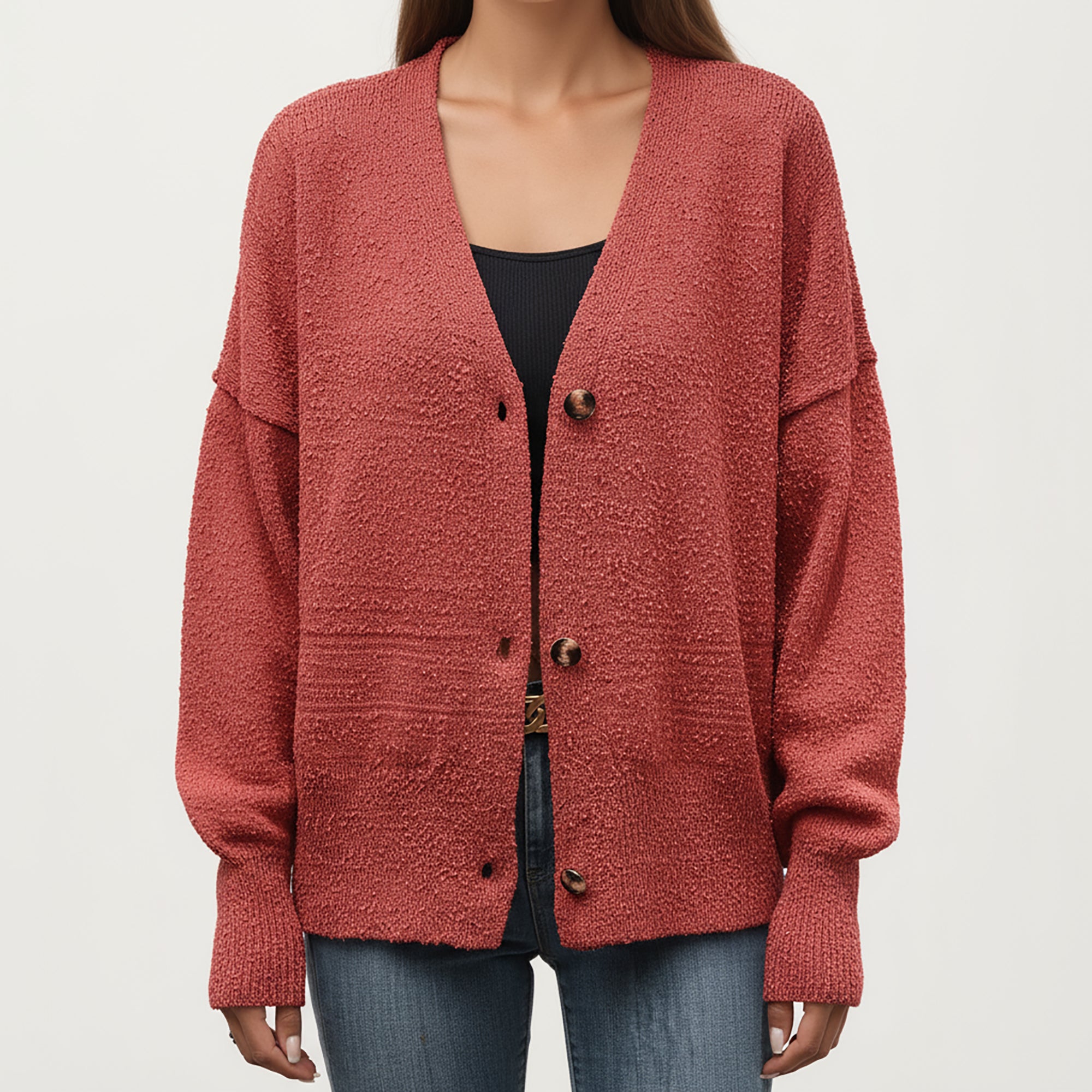 Anna-Kaci Women¡¯s Textured Knit Button Front Top with Soft Cozy Fabric, Relaxed Drop Shoulder Silhouette and Ribbed Edges for Added Structure