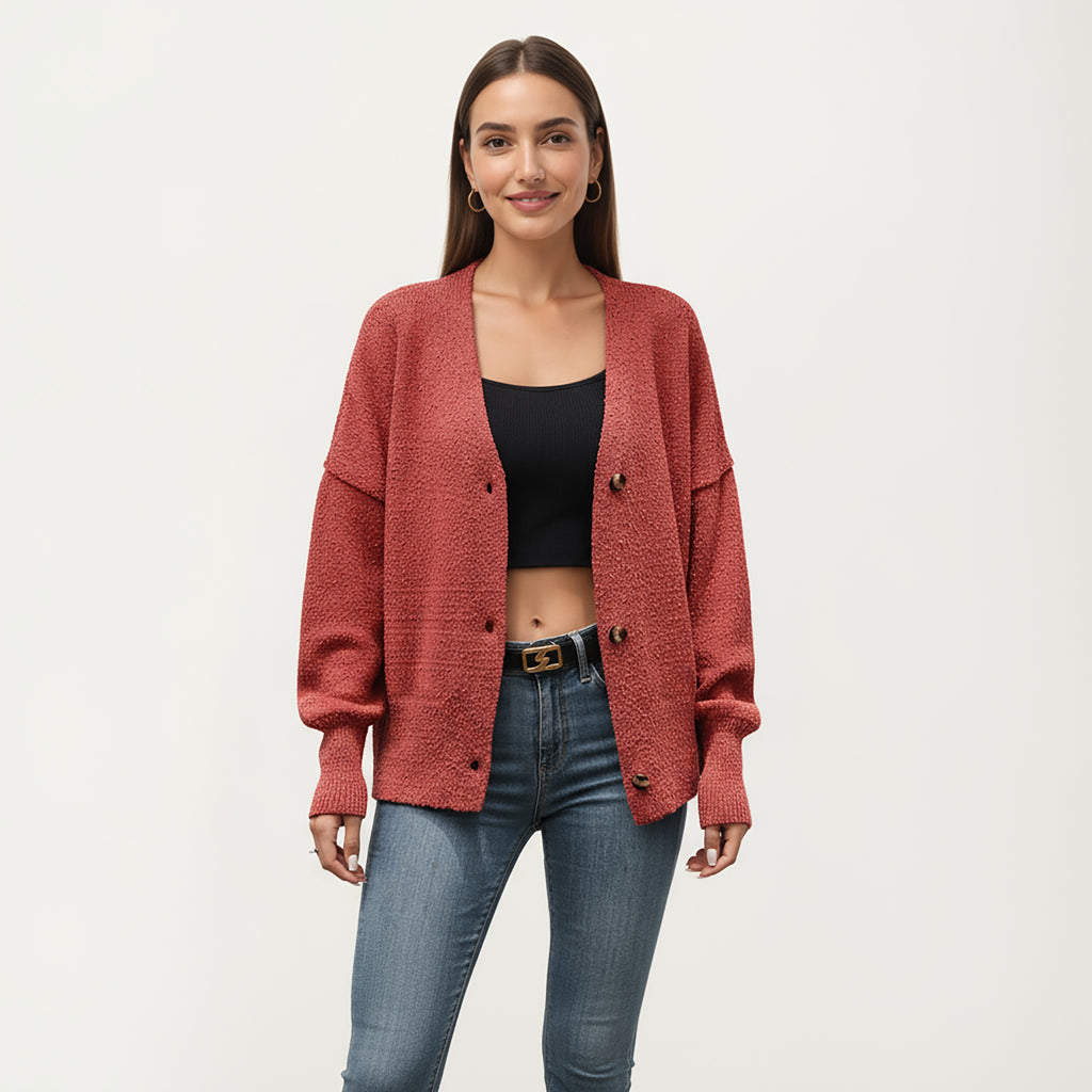Anna-Kaci Women¡¯s Textured Knit Button Front Top with Soft Cozy Fabric, Relaxed Drop Shoulder Silhouette and Ribbed Edges for Added Structure