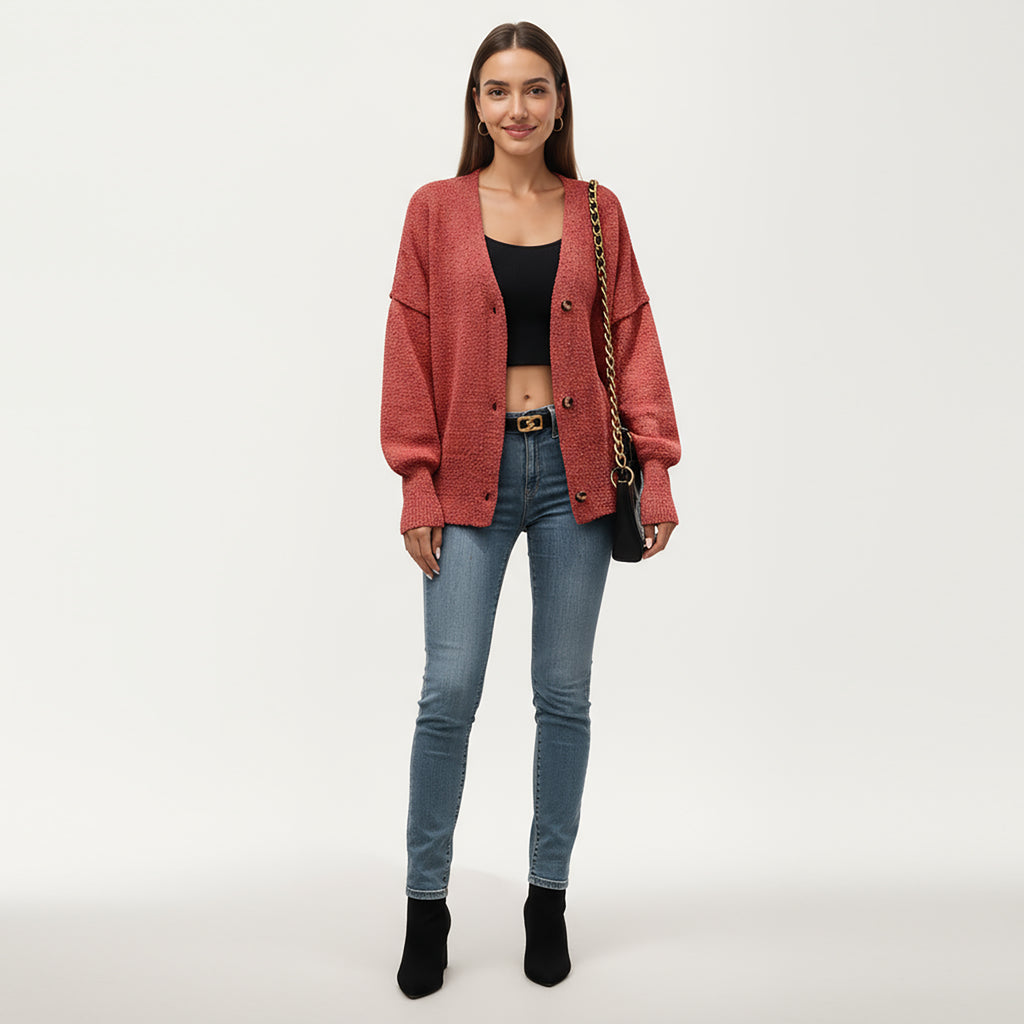 Anna-Kaci Women¡¯s Textured Knit Button Front Top with Soft Cozy Fabric, Relaxed Drop Shoulder Silhouette and Ribbed Edges for Added Structure