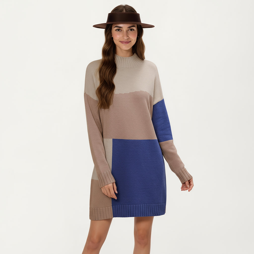 Anna-Kaci Women¡¯s Colorblock Knit Sweater Dress with Long Sleeves, Soft Ribbed Edges and Relaxed Straight Silhouette for Effortless Comfort
