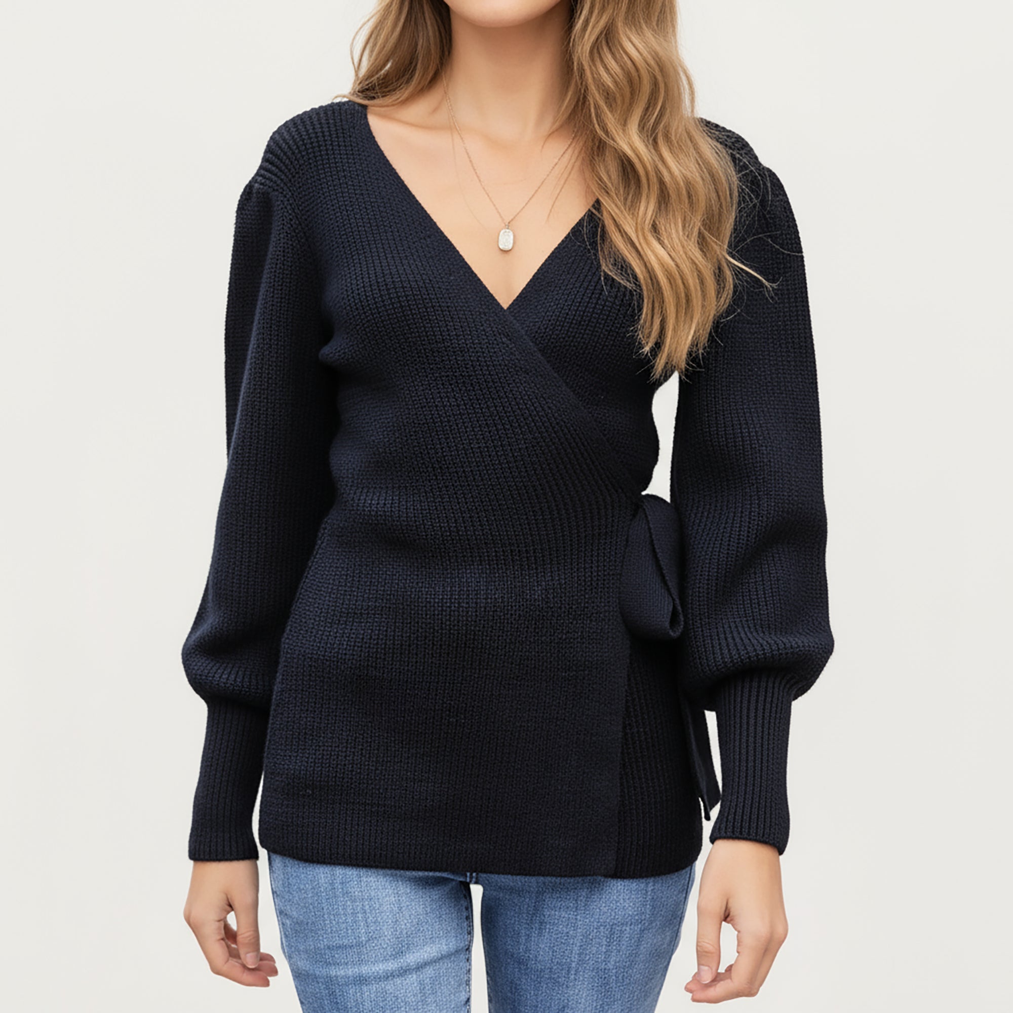 Anna-Kaci Women¡¯s Knit Wrap Top with Long Sleeves, Soft Textured Ribbed Fabric and Side Tie Detail Creating a Flattering Feminine Silhouette