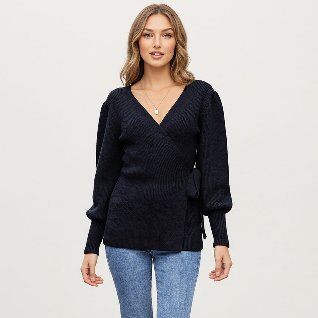 Anna-Kaci Women¡¯s Knit Wrap Top with Long Sleeves, Soft Textured Ribbed Fabric and Side Tie Detail Creating a Flattering Feminine Silhouette