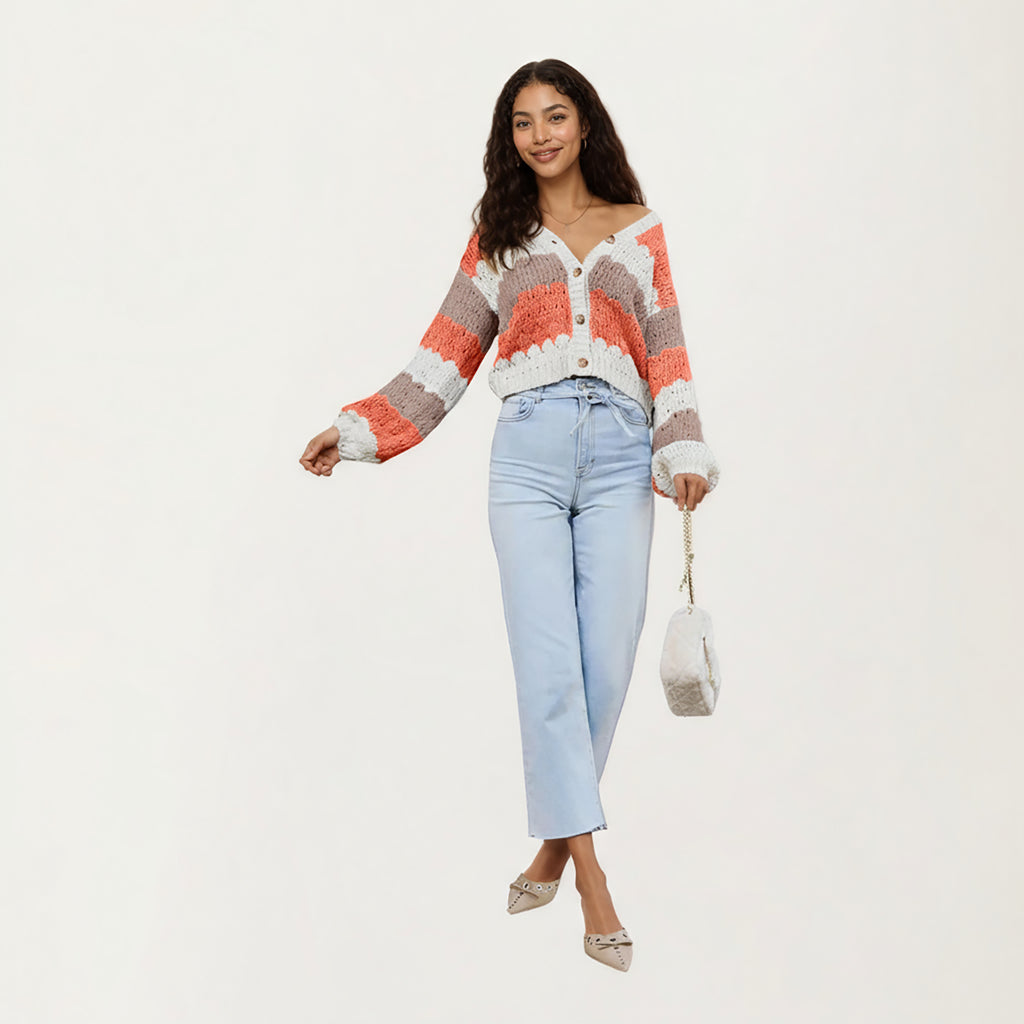 Anna-Kaci Women¡¯s Textured Knit Button Front Top with Long Sleeves, Soft Scalloped Stripe Pattern and Relaxed Cropped Fit for Added Comfort
