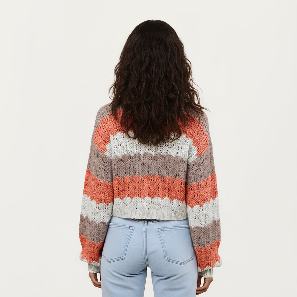 Anna-Kaci Women¡¯s Textured Knit Button Front Top with Long Sleeves, Soft Scalloped Stripe Pattern and Relaxed Cropped Fit for Added Comfort