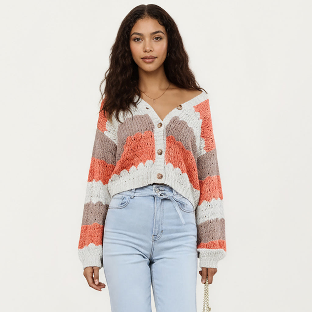 Anna-Kaci Women¡¯s Textured Knit Button Front Top with Long Sleeves, Soft Scalloped Stripe Pattern and Relaxed Cropped Fit for Added Comfort