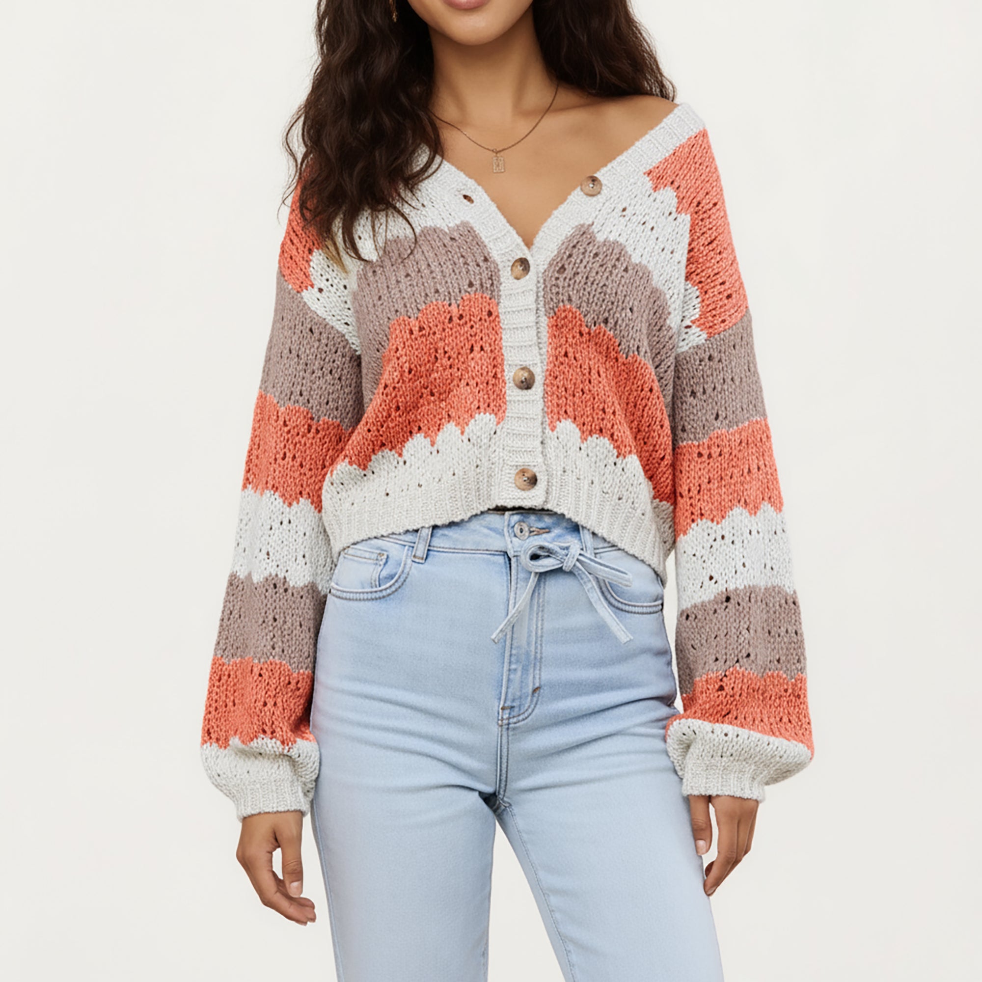 Anna-Kaci Women¡¯s Textured Knit Button Front Top with Long Sleeves, Soft Scalloped Stripe Pattern and Relaxed Cropped Fit for Added Comfort