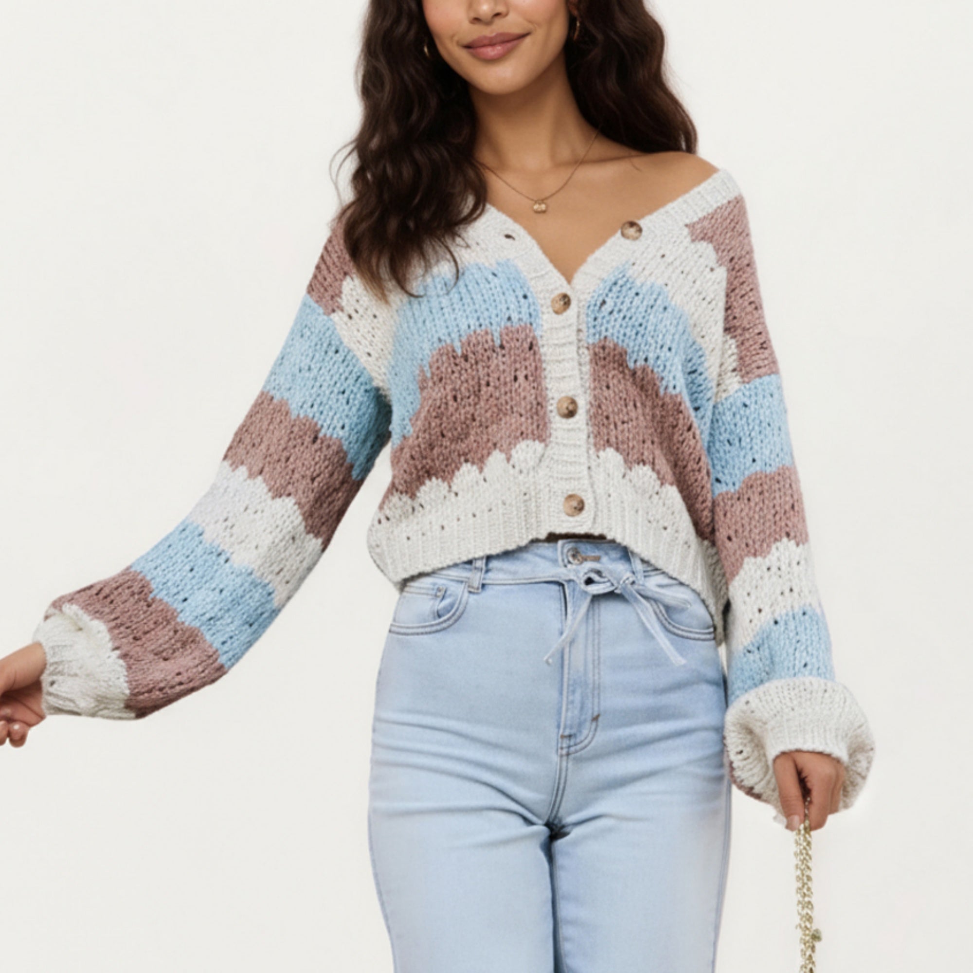 Anna-Kaci Women¡¯s Textured Knit Button Front Top with Long Sleeves, Soft Scalloped Stripe Pattern and Relaxed Cropped Fit for Added Comfort