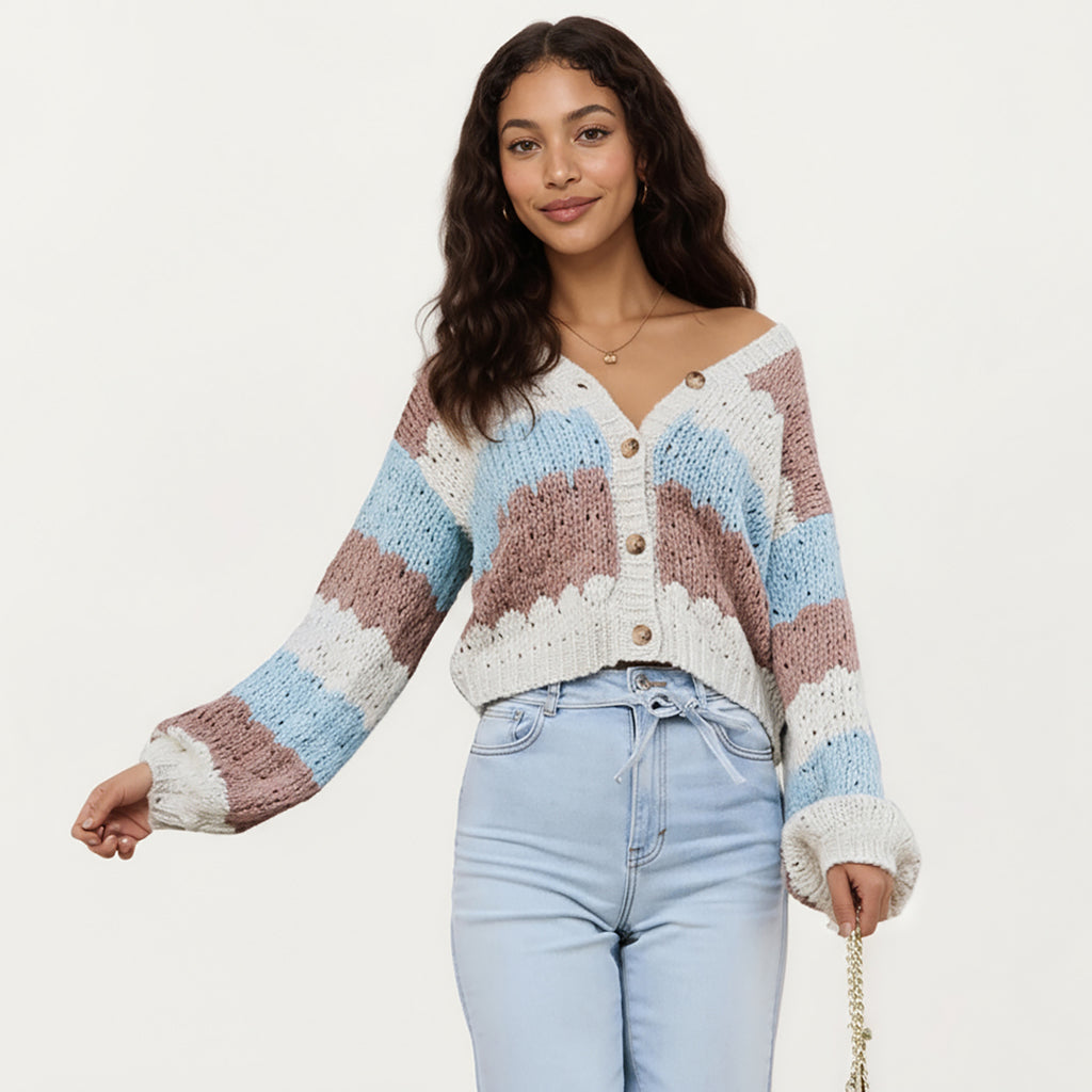 Anna-Kaci Women¡¯s Textured Knit Button Front Top with Long Sleeves, Soft Scalloped Stripe Pattern and Relaxed Cropped Fit for Added Comfort