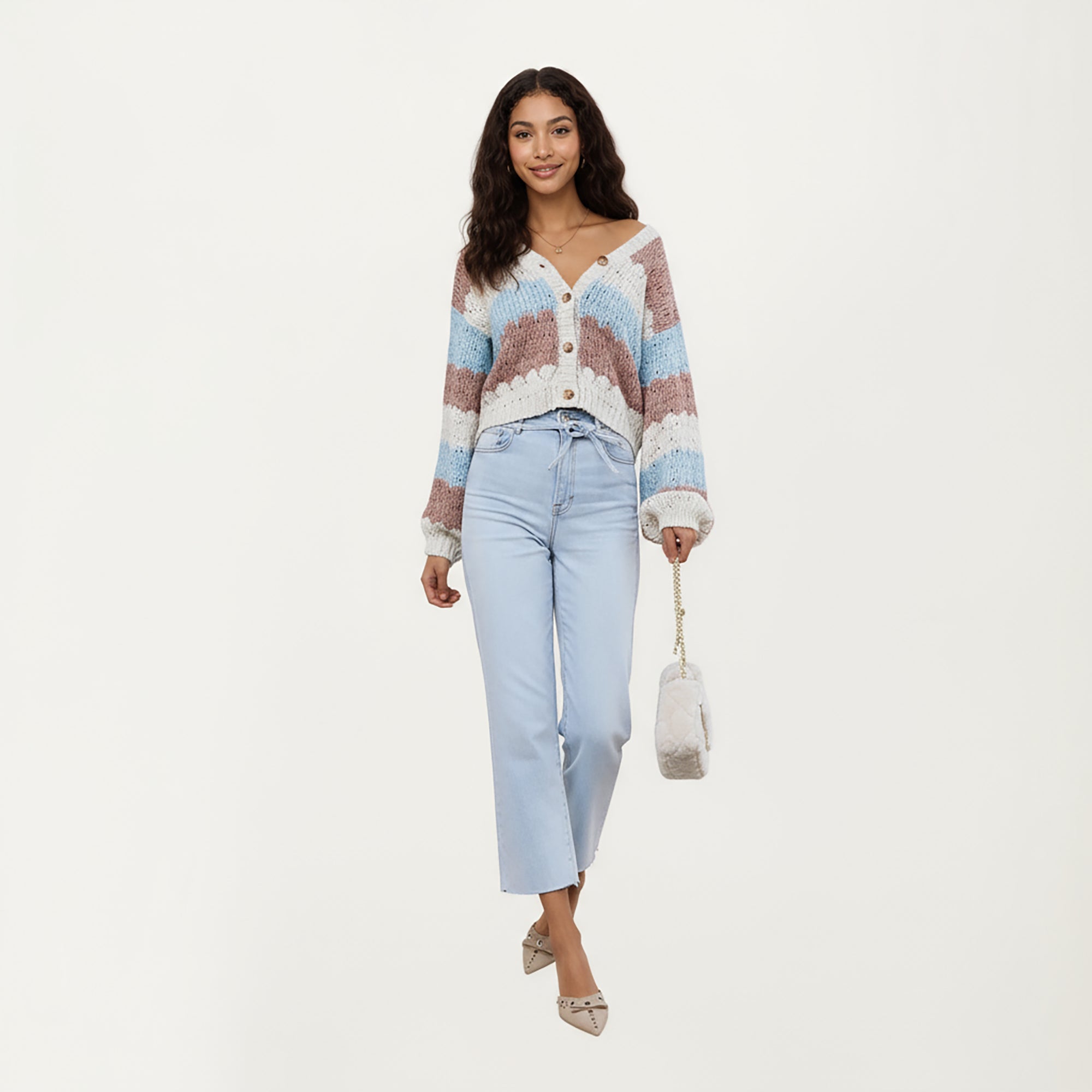 Anna-Kaci Women¡¯s Textured Knit Button Front Top with Long Sleeves, Soft Scalloped Stripe Pattern and Relaxed Cropped Fit for Added Comfort
