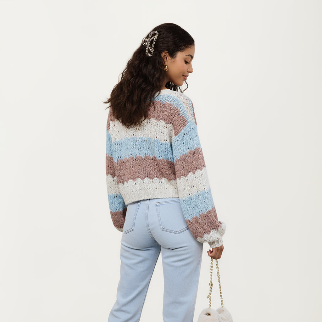 Anna-Kaci Women¡¯s Textured Knit Button Front Top with Long Sleeves, Soft Scalloped Stripe Pattern and Relaxed Cropped Fit for Added Comfort
