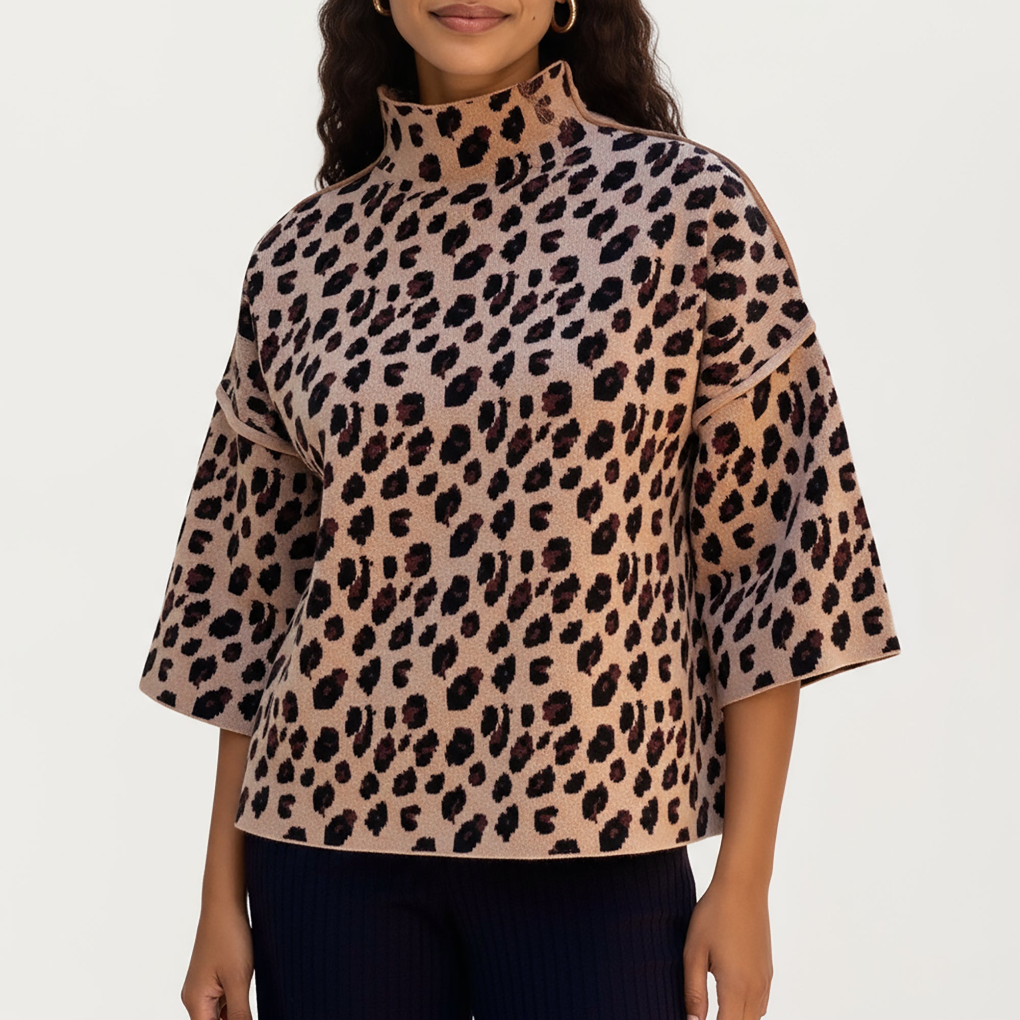 Anna-Kaci Women¡¯s Leopard Print Knit Top with High Mock Neck, Wide Long Sleeves and Soft Textured Finish for a Relaxed, Stylish Silhouette