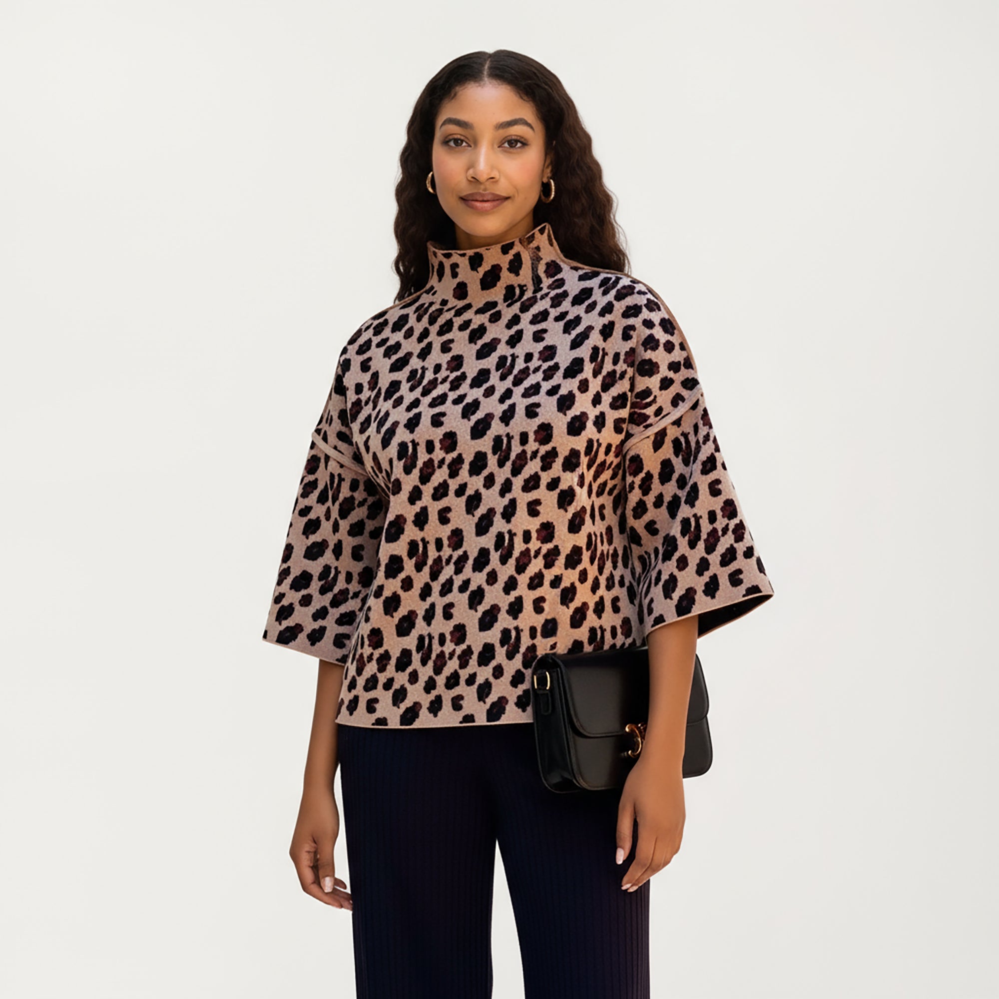 Anna-Kaci Women¡¯s Leopard Print Knit Top with High Mock Neck, Wide Long Sleeves and Soft Textured Finish for a Relaxed, Stylish Silhouette