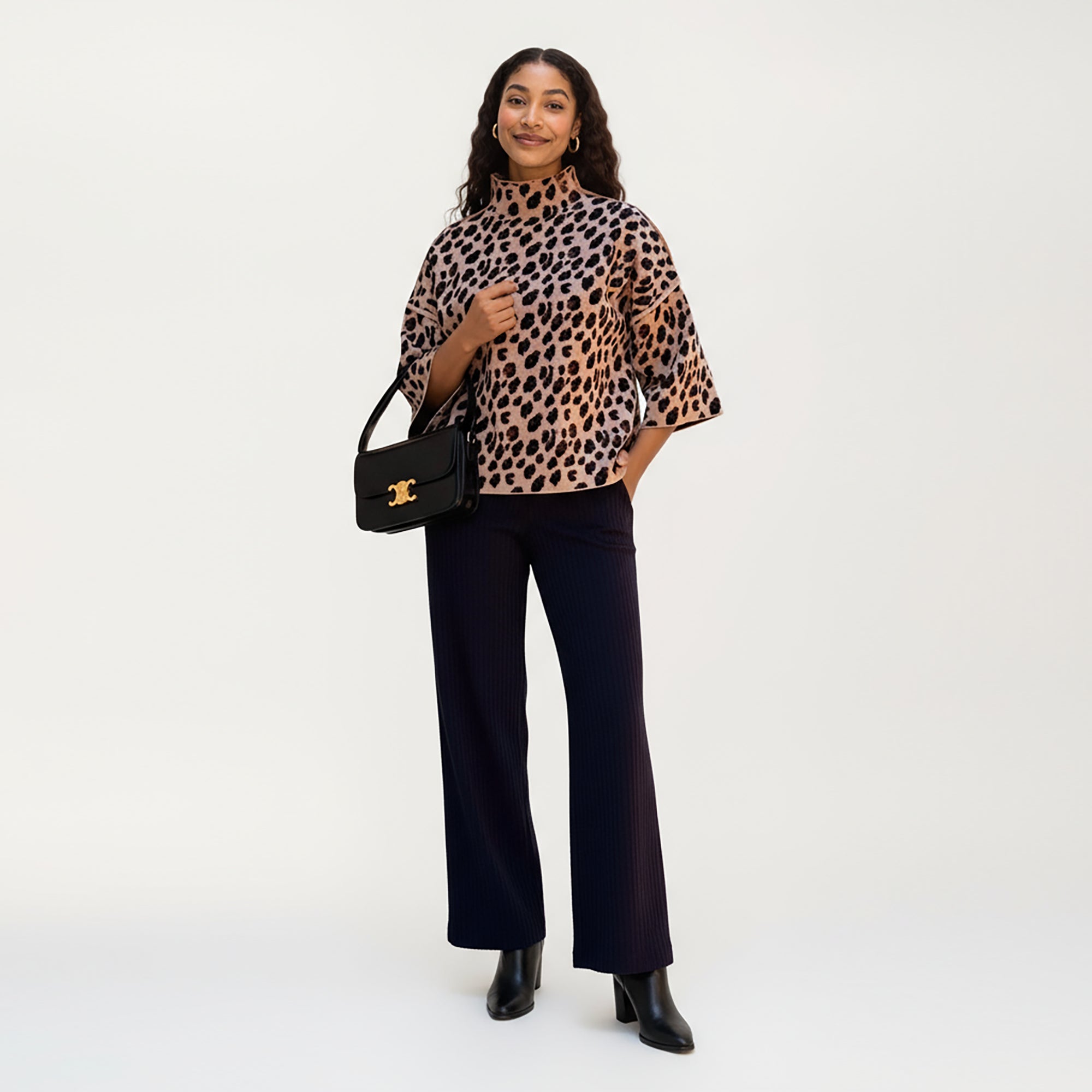 Anna-Kaci Women¡¯s Leopard Print Knit Top with High Mock Neck, Wide Long Sleeves and Soft Textured Finish for a Relaxed, Stylish Silhouette