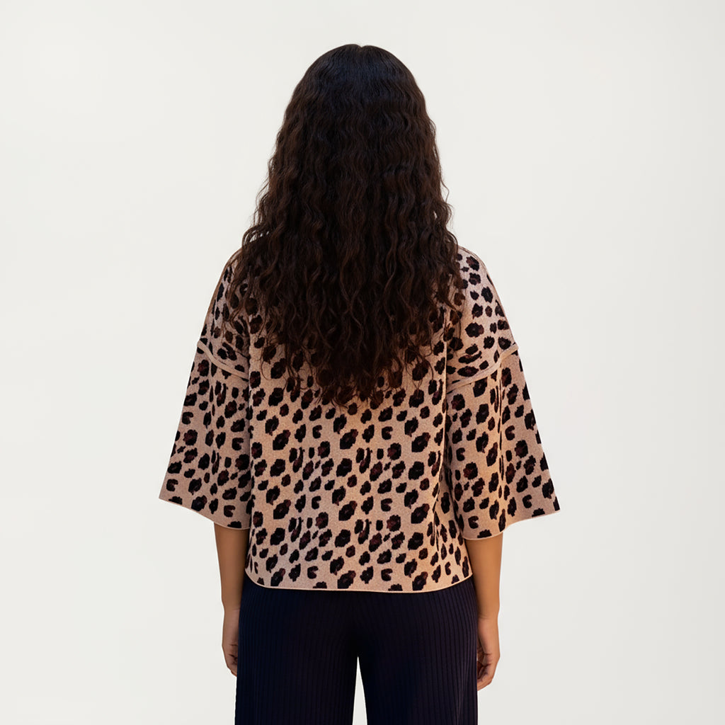 Anna-Kaci Women¡¯s Leopard Print Knit Top with High Mock Neck, Wide Long Sleeves and Soft Textured Finish for a Relaxed, Stylish Silhouette