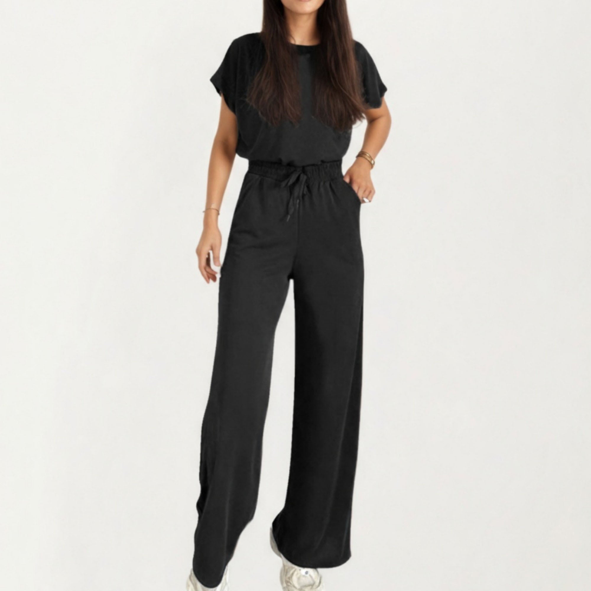 Anna-Kaci Women¡¯s 2-Piece Set Short Sleeve Relaxed Fit Top and Wide Leg Pants with Soft Stretch Fabric and Drawstring Waist