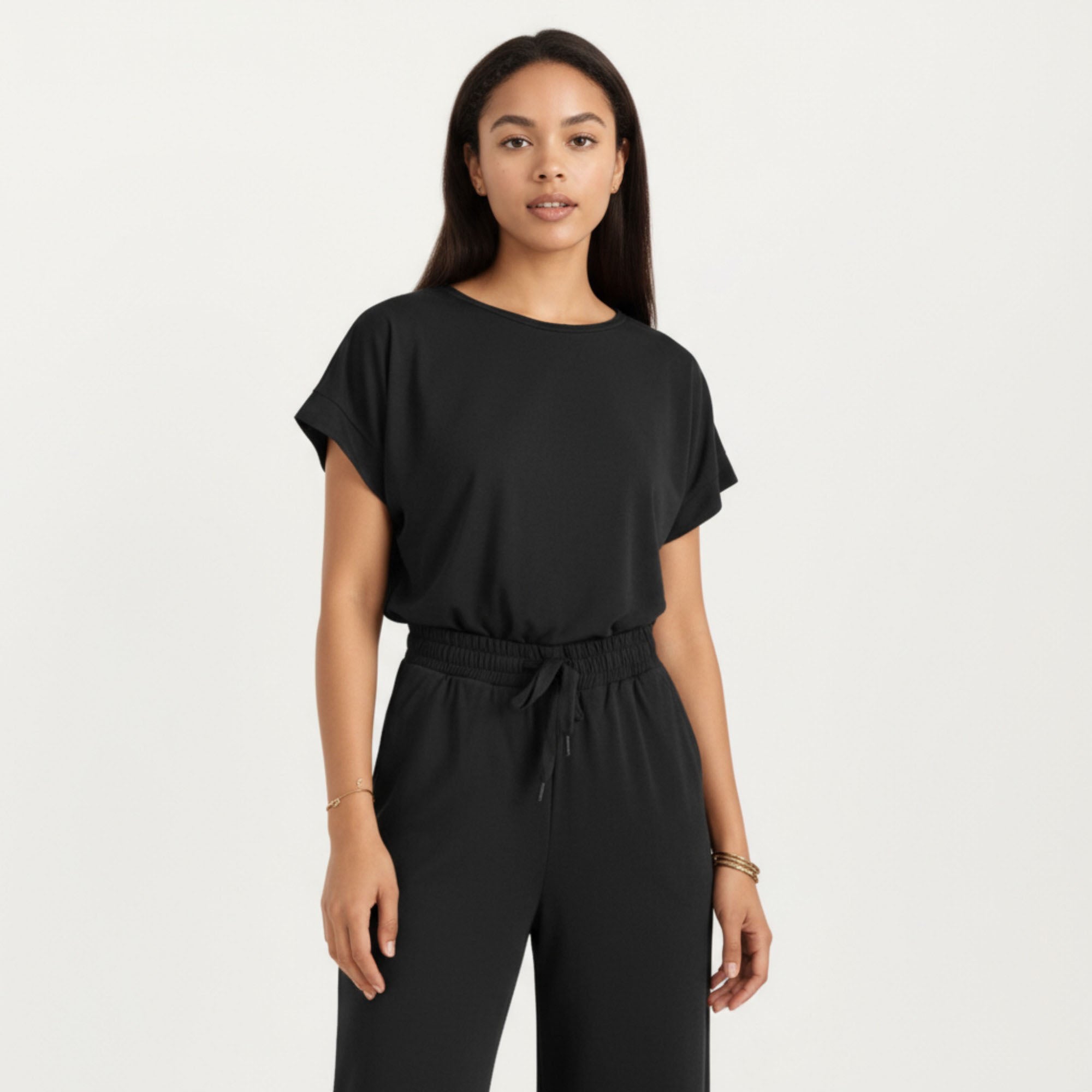 Anna-Kaci Women¡¯s 2-Piece Set Short Sleeve Relaxed Fit Top and Wide Leg Pants with Soft Stretch Fabric and Drawstring Waist