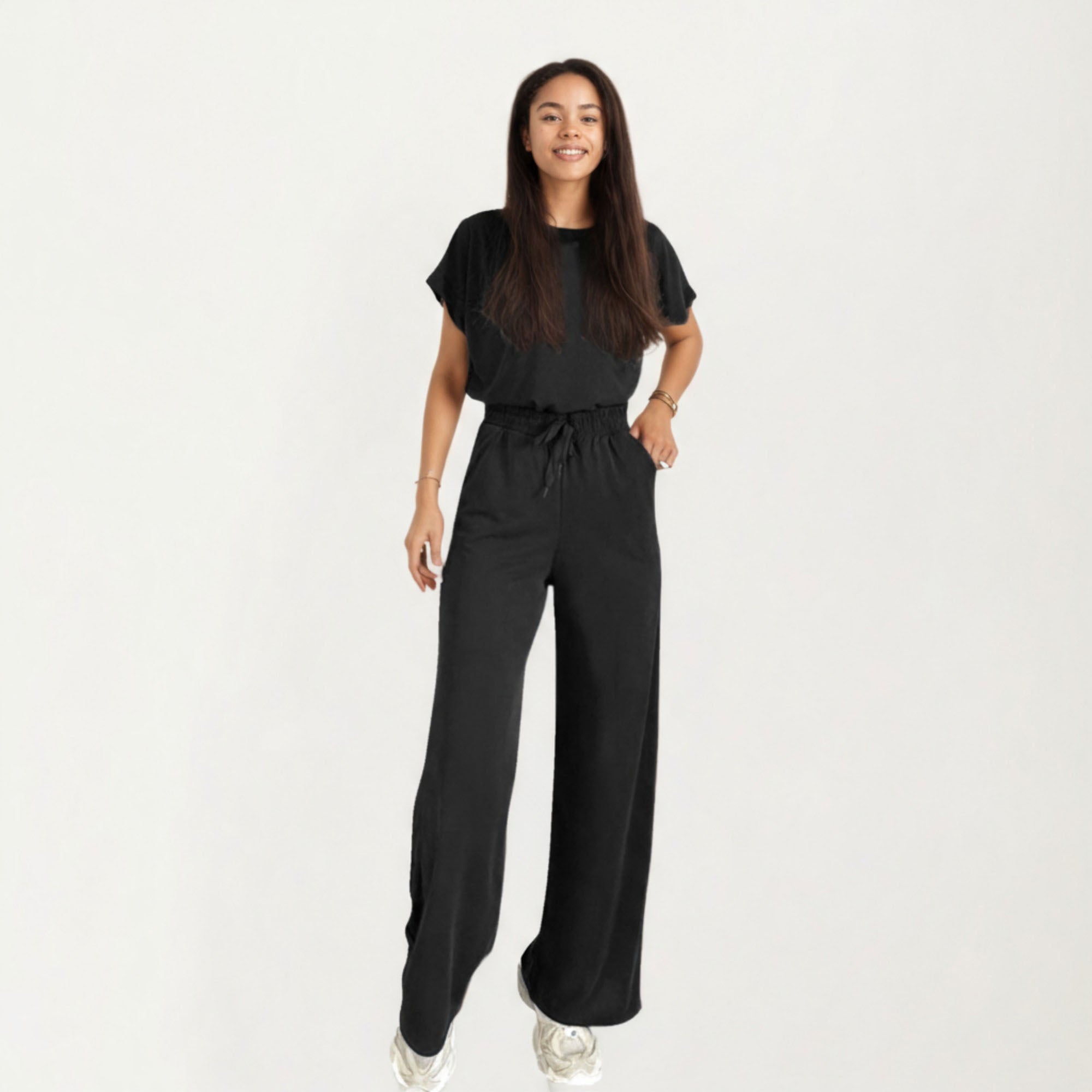 Anna-Kaci Women¡¯s 2-Piece Set Short Sleeve Relaxed Fit Top and Wide Leg Pants with Soft Stretch Fabric and Drawstring Waist
