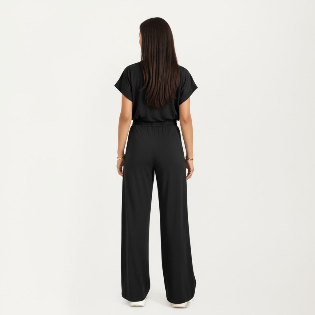 Anna-Kaci Women¡¯s 2-Piece Set Short Sleeve Relaxed Fit Top and Wide Leg Pants with Soft Stretch Fabric and Drawstring Waist