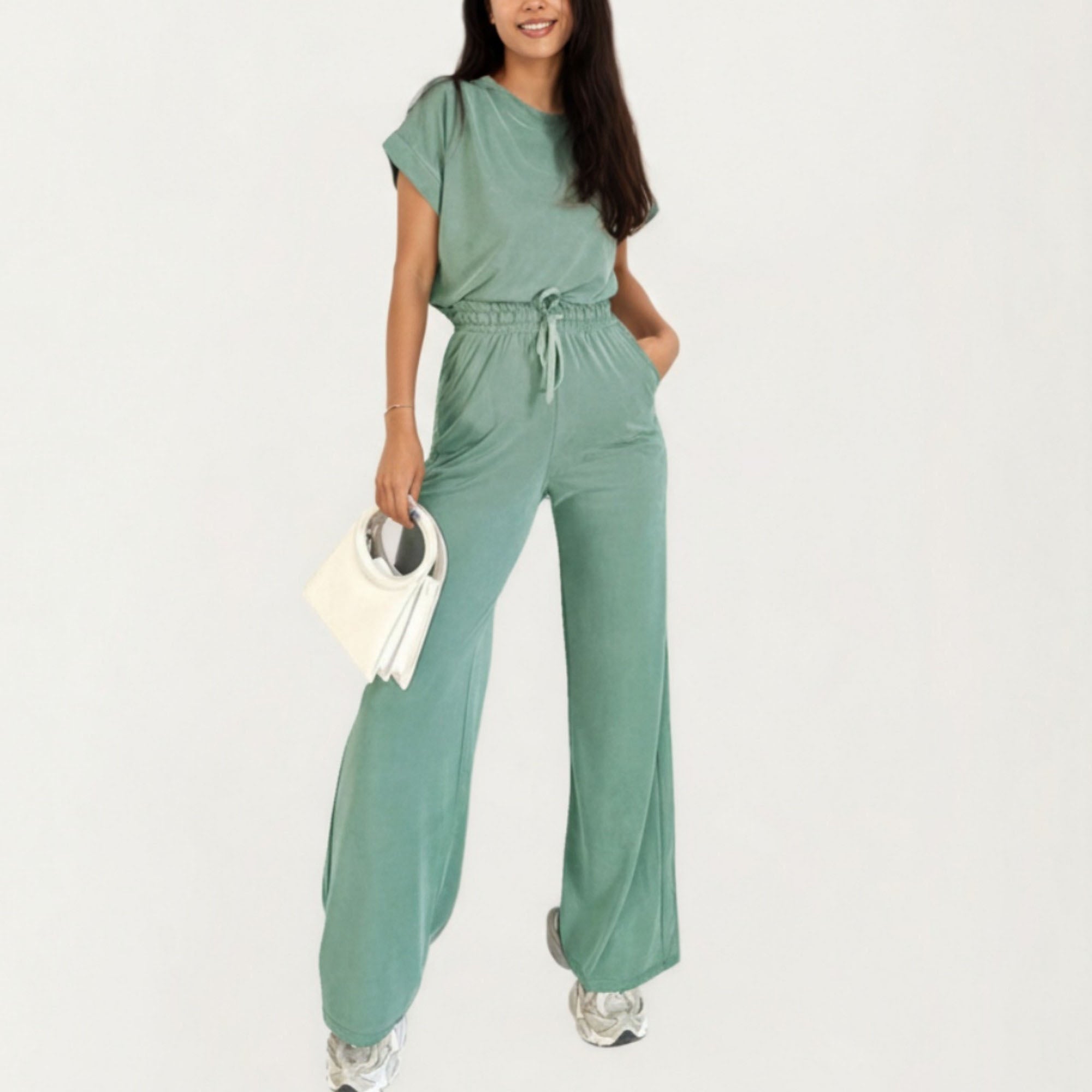 Anna-Kaci Women¡¯s 2-Piece Set Short Sleeve Relaxed Fit Top and Wide Leg Pants with Soft Stretch Fabric and Drawstring Waist