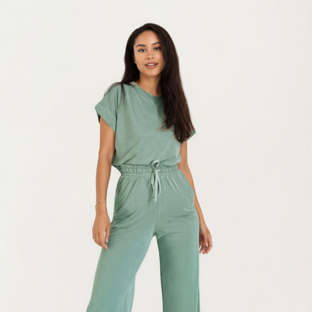 Anna-Kaci Women¡¯s 2-Piece Set Short Sleeve Relaxed Fit Top and Wide Leg Pants with Soft Stretch Fabric and Drawstring Waist