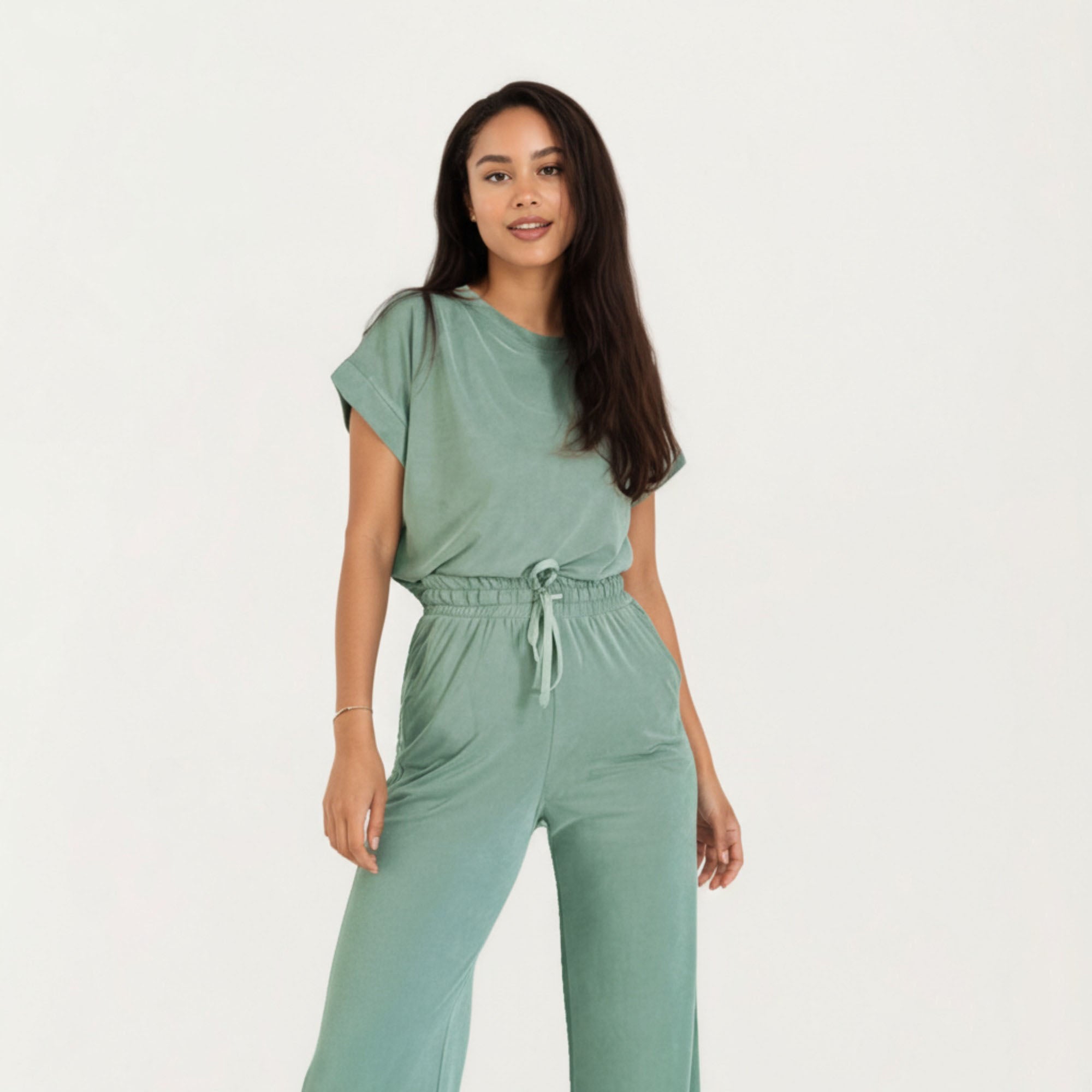 Anna-Kaci Women¡¯s 2-Piece Set Short Sleeve Relaxed Fit Top and Wide Leg Pants with Soft Stretch Fabric and Drawstring Waist